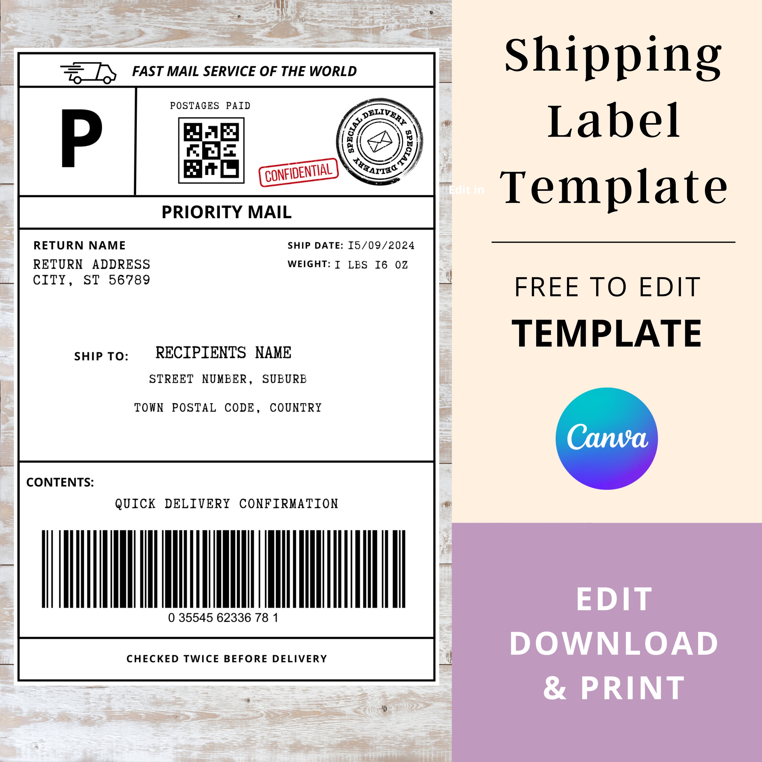 Fake Shipping Label Template Editable Personalized Mail Label Shipping Label Template Mail Shipping Label Template For Gift Box Etsy