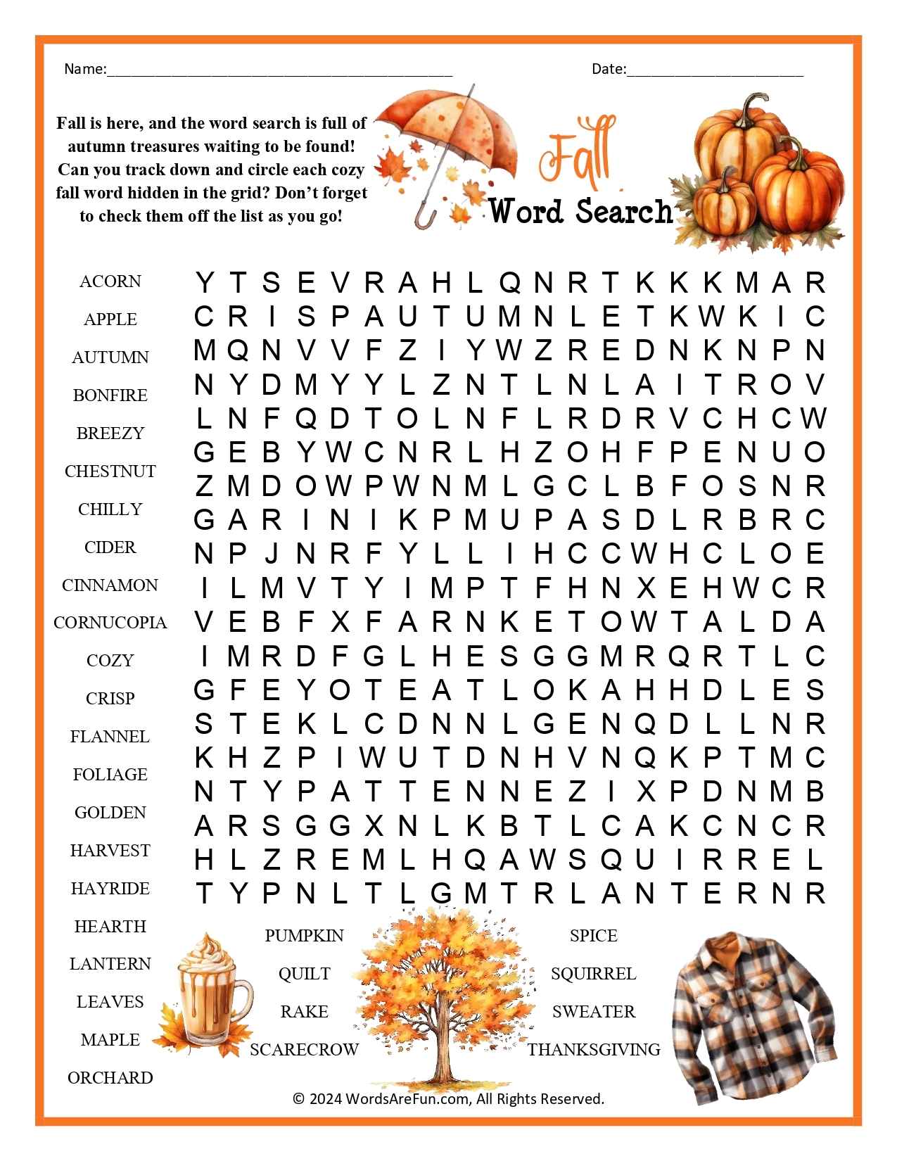 Free Printable Fall Word Searches