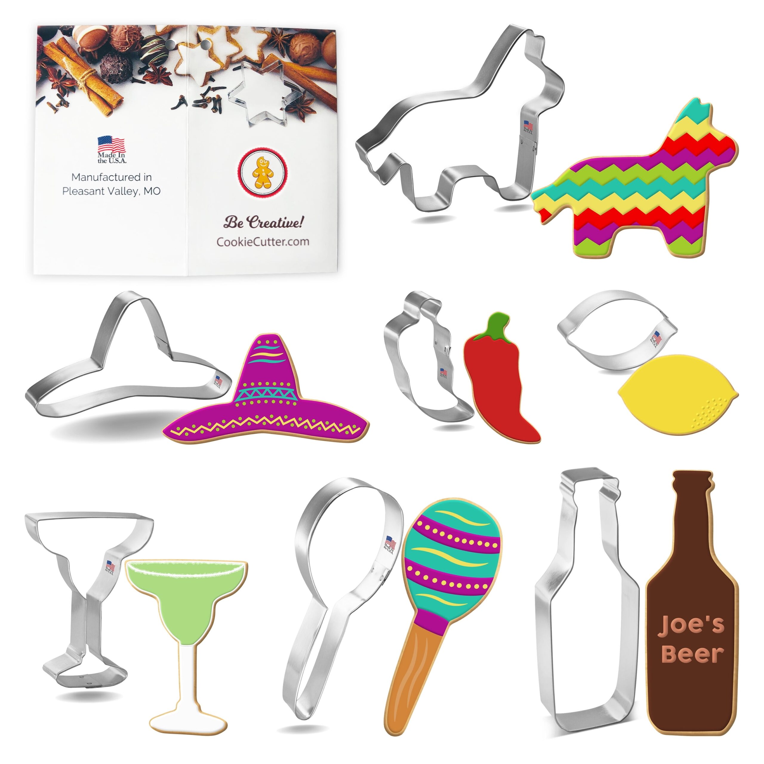 Fiesta Cookie Cutter 7 Pc Set HS0434 4 In Margarita Glass 4 75 In Pinata 2 75 In Lemon 4 75 In Sombrero 5 5 In Maraca 3 In Chili Pepper 6 In 