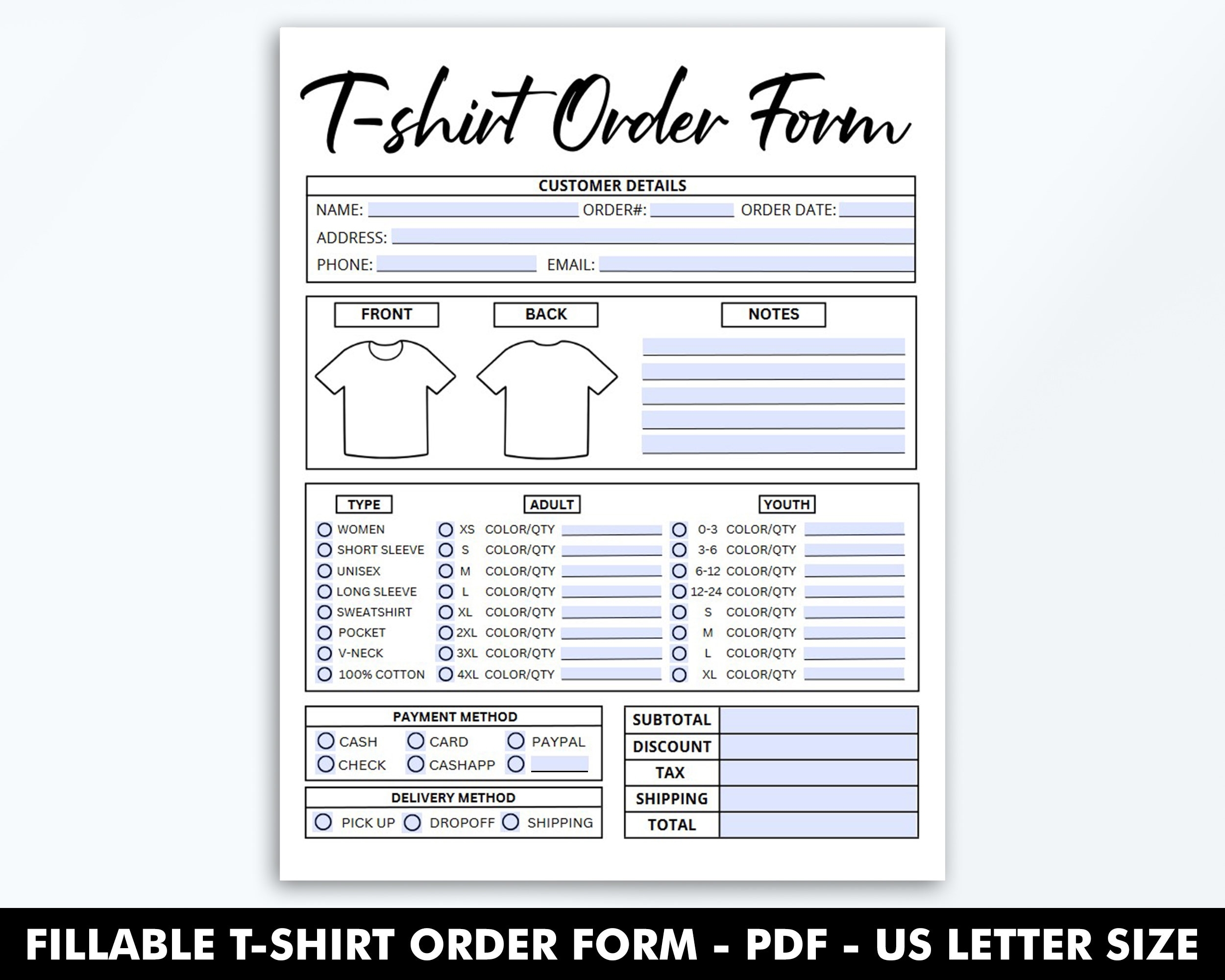 Printable Shirt Order Form Template Free
