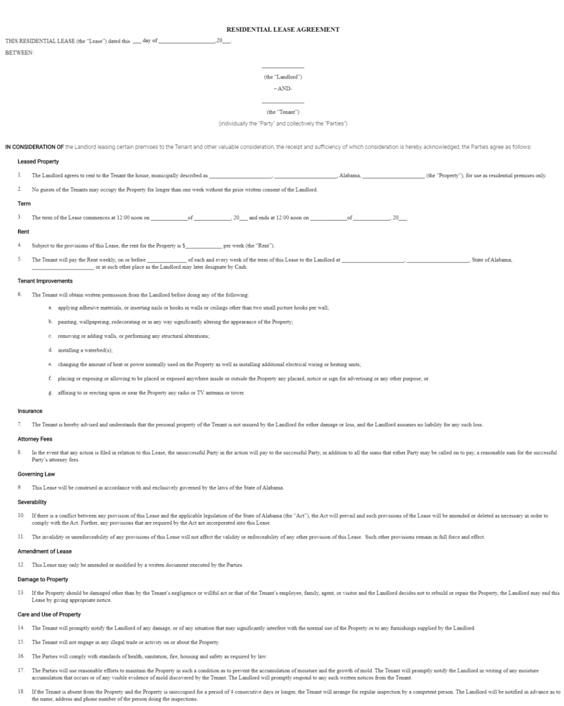 Free Alabama Residential Rental Lease Agreement