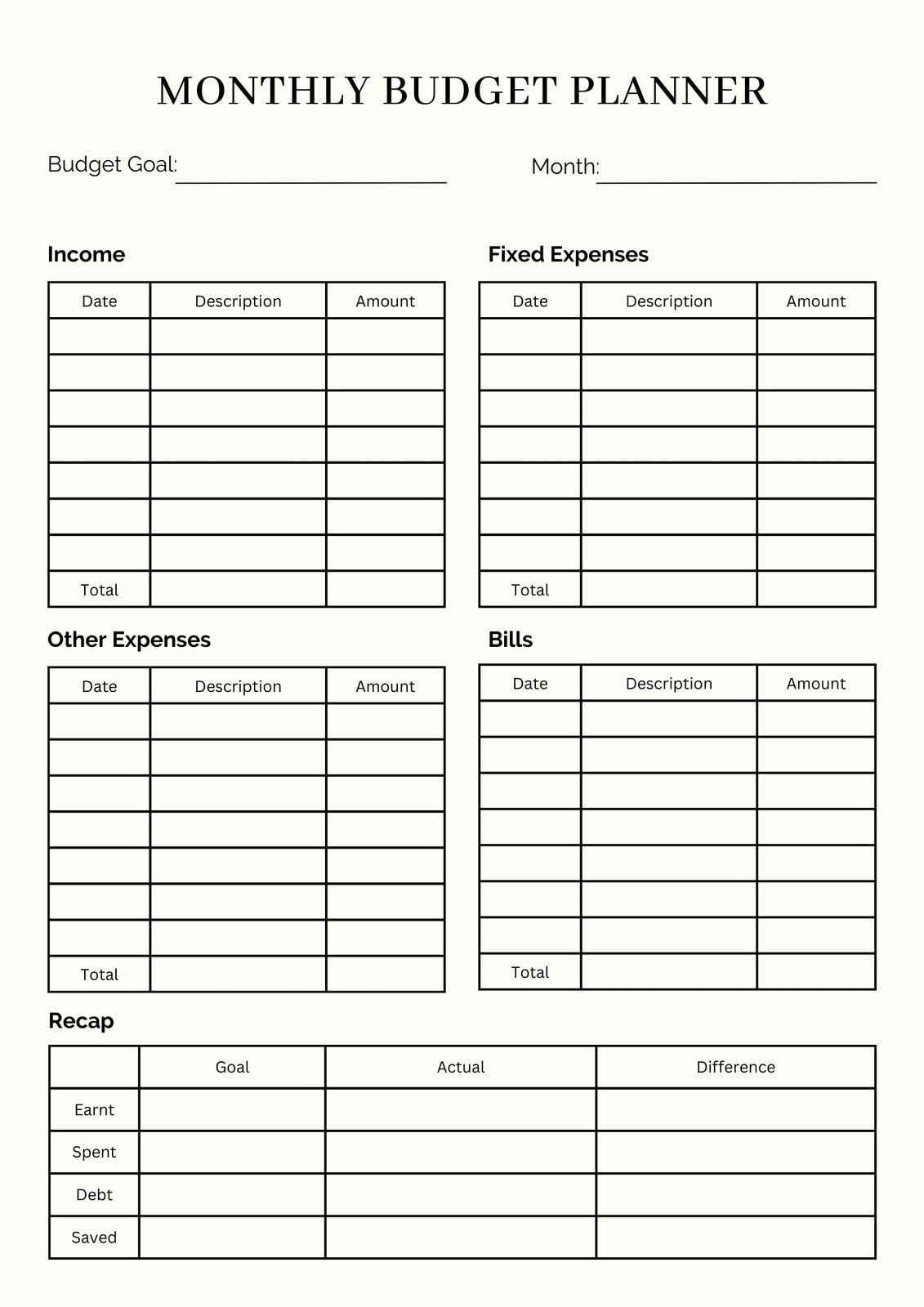 Printable Blank Calendar For Budeting