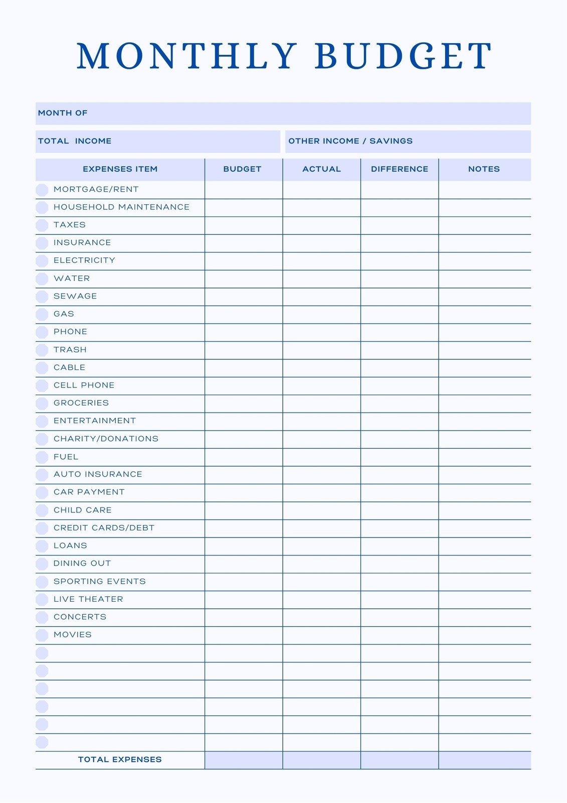 Excel Free Printable Monthly Budget Template