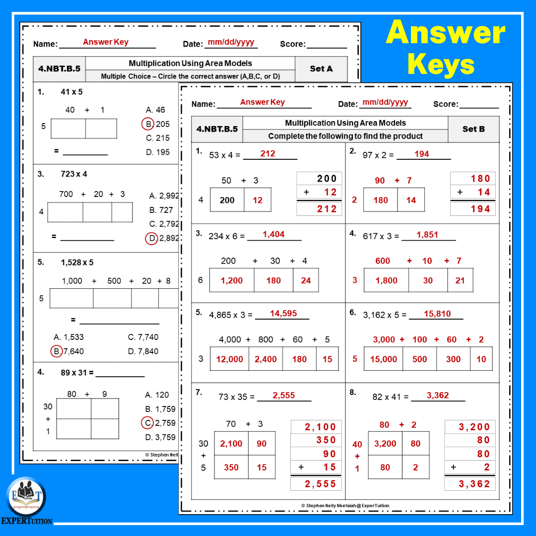 Free Printable Area Model Multiplication Worksheets