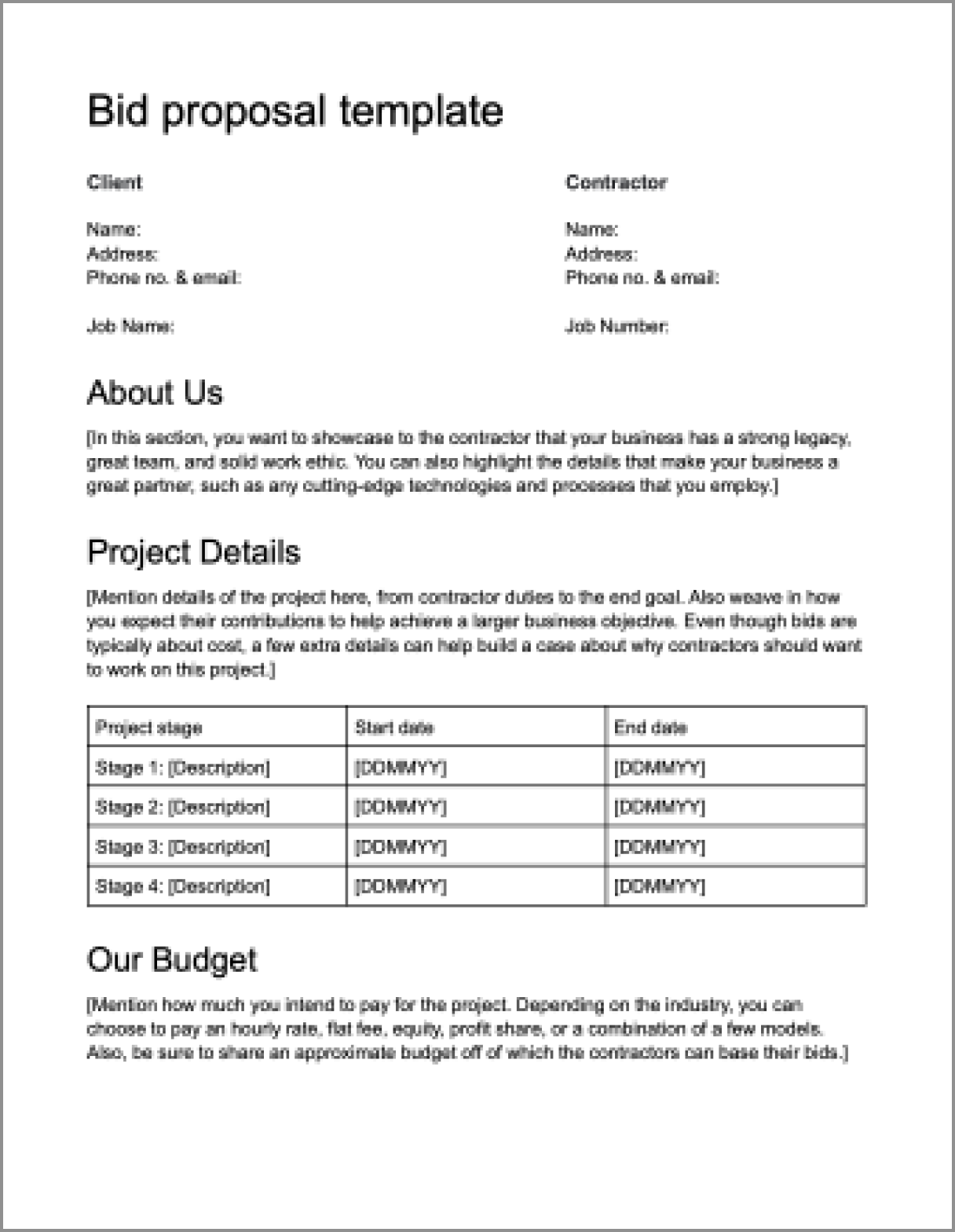 Printable Free Bid Proposal Template Pdf