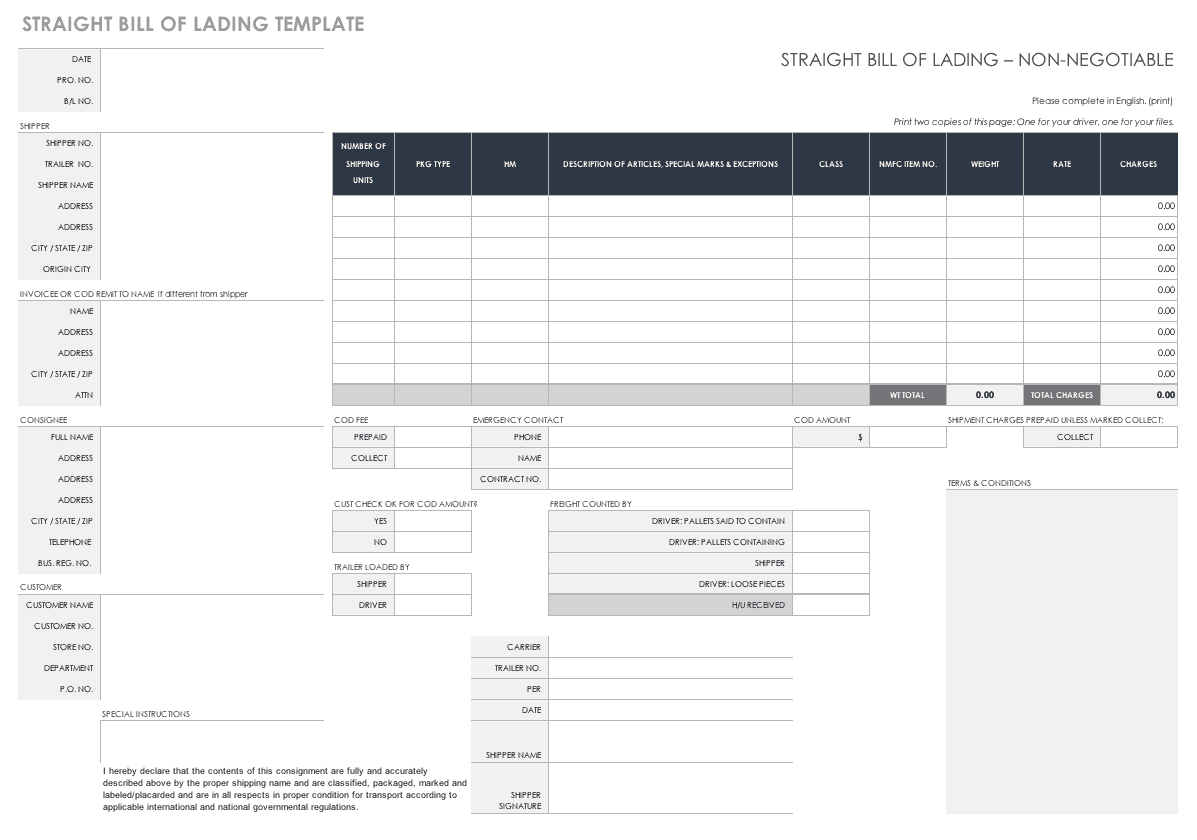 Free Bill Of Lading Templates Smartsheet