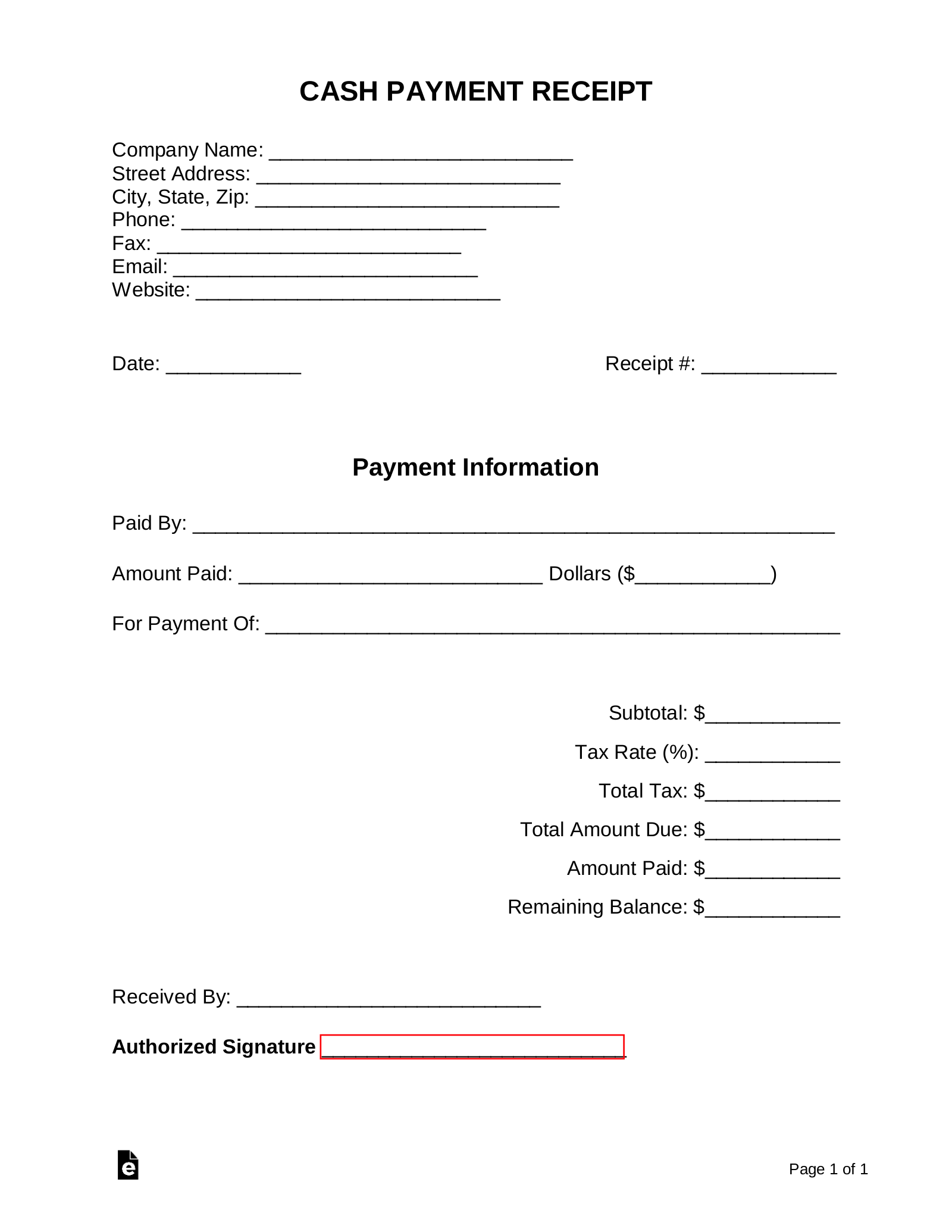 Cash Receipt Template Free Printable