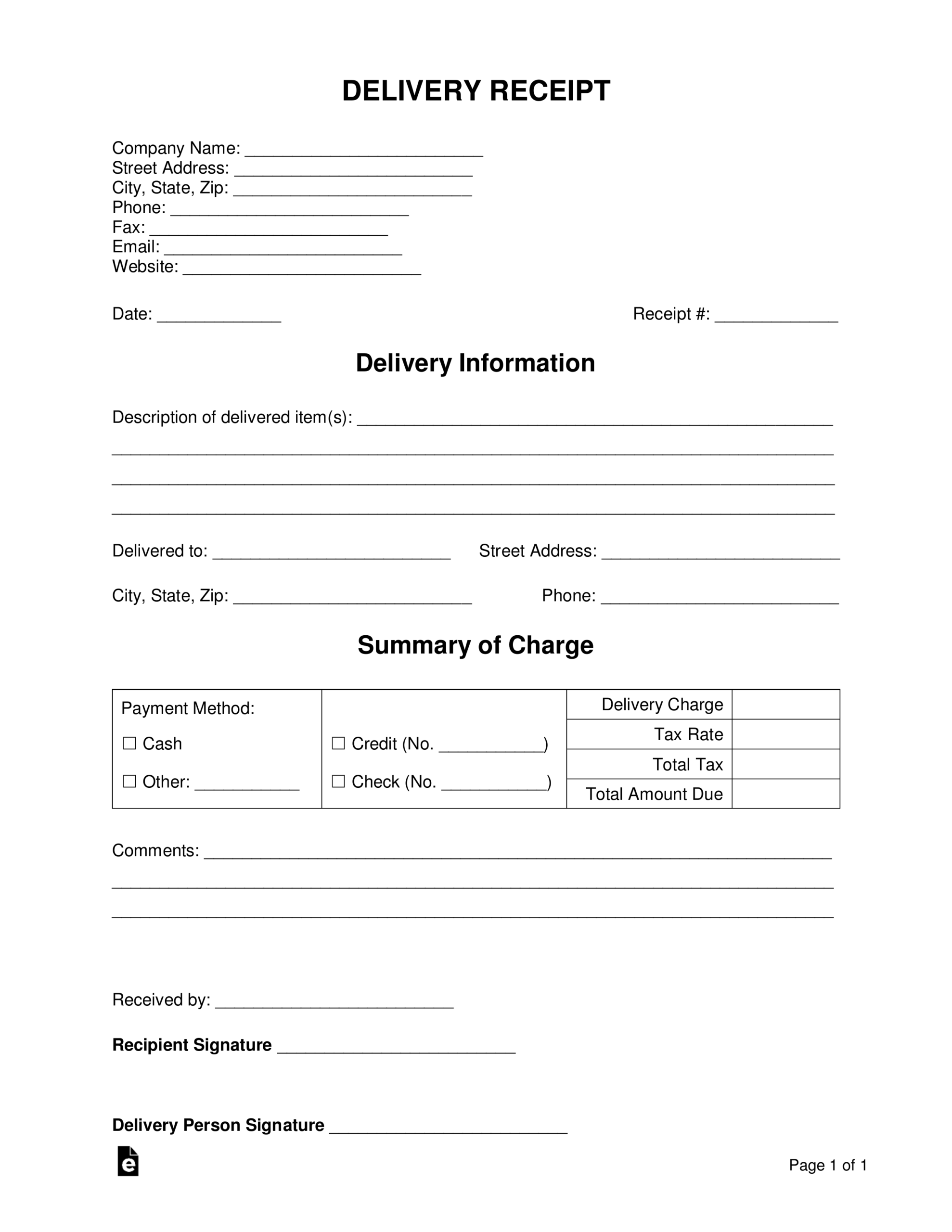 Printable Delivery Receipt Template Word Free