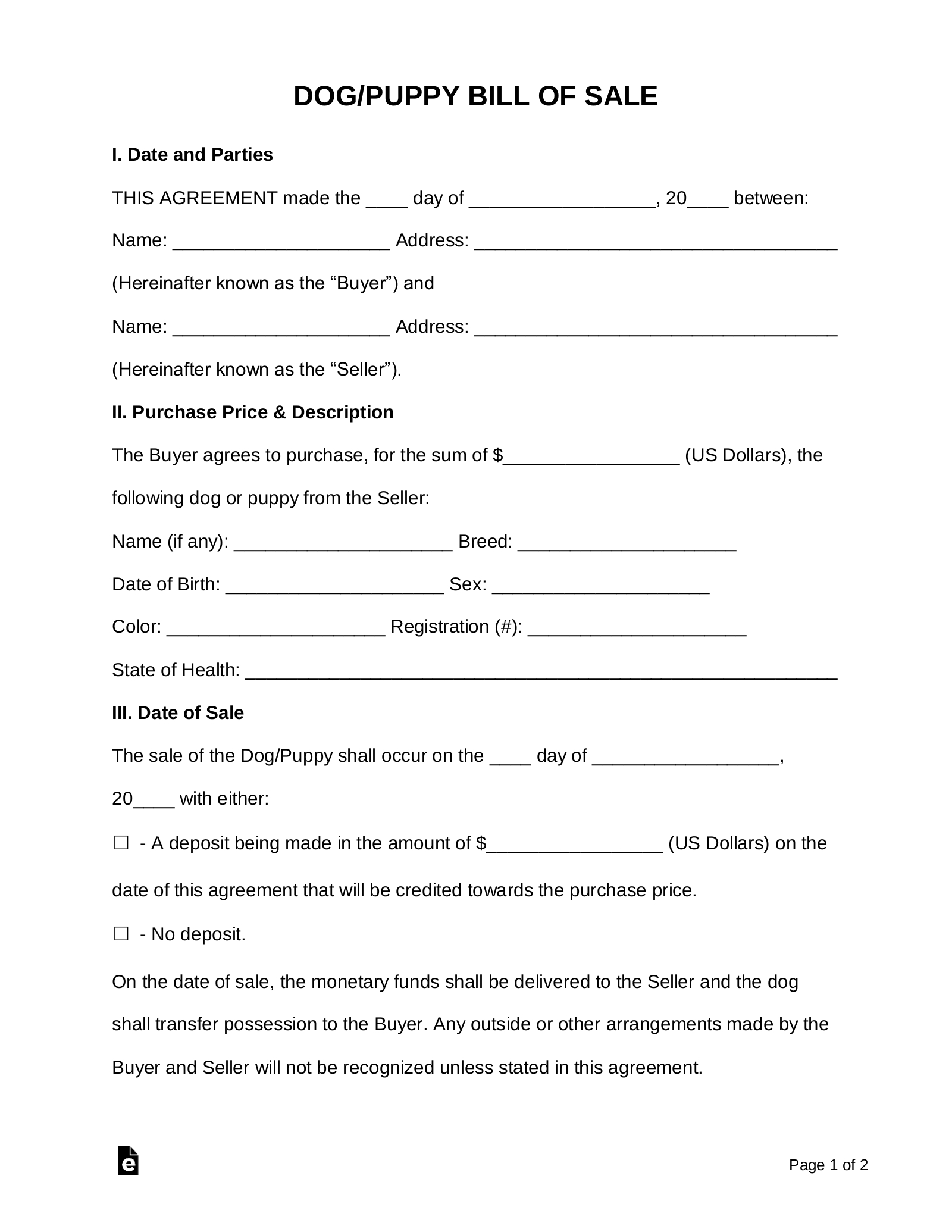 Printable Blank Puppy Sale Contract Templates