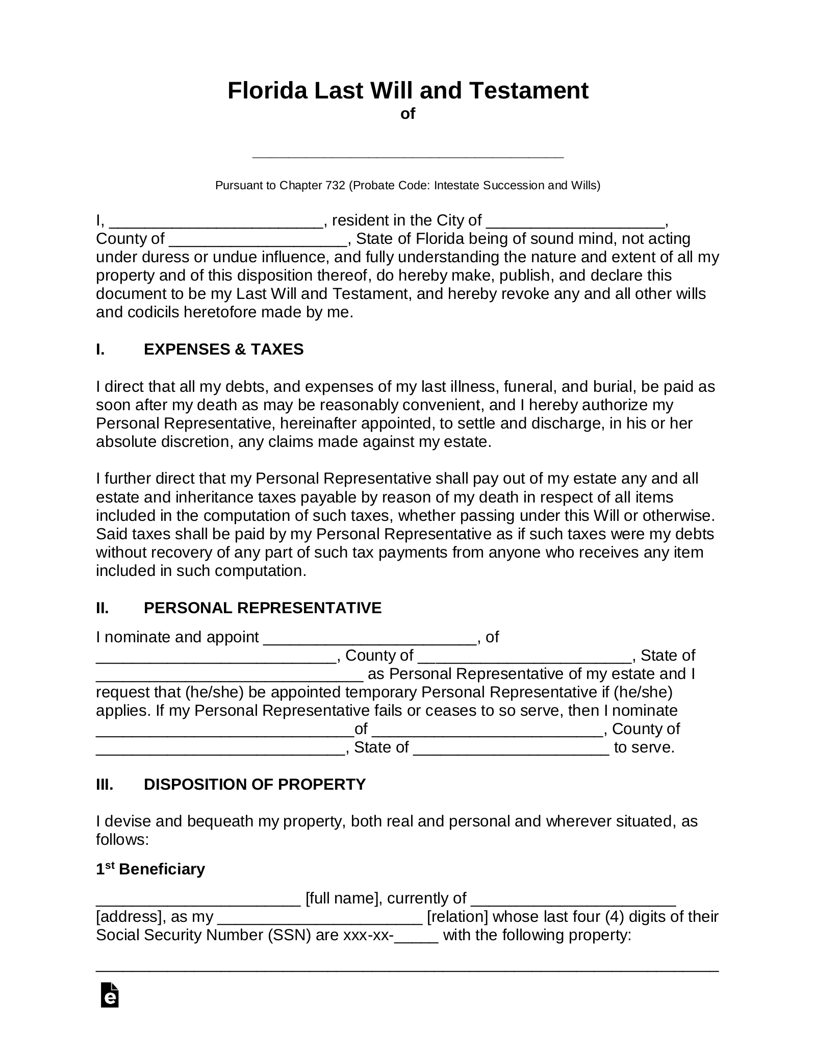 Free Printable Florida Will Template