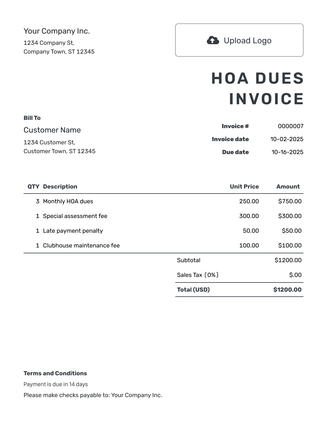 Free HOA Dues Invoice Template Docelf