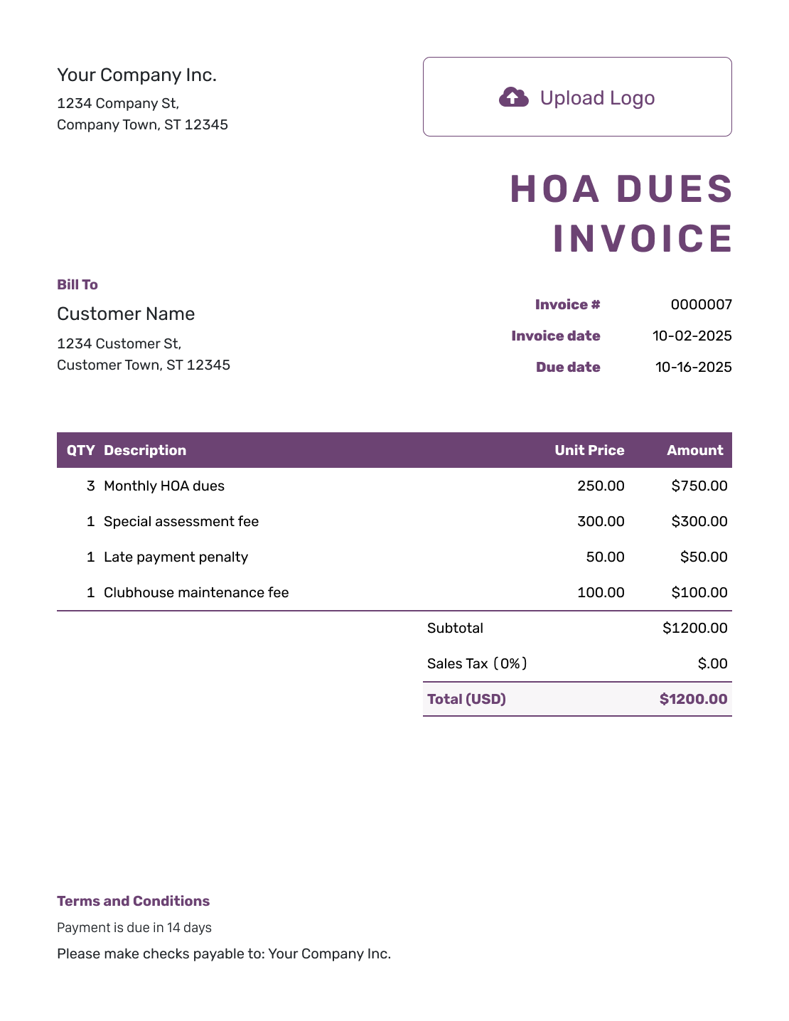 Free HOA Dues Invoice Template Docelf