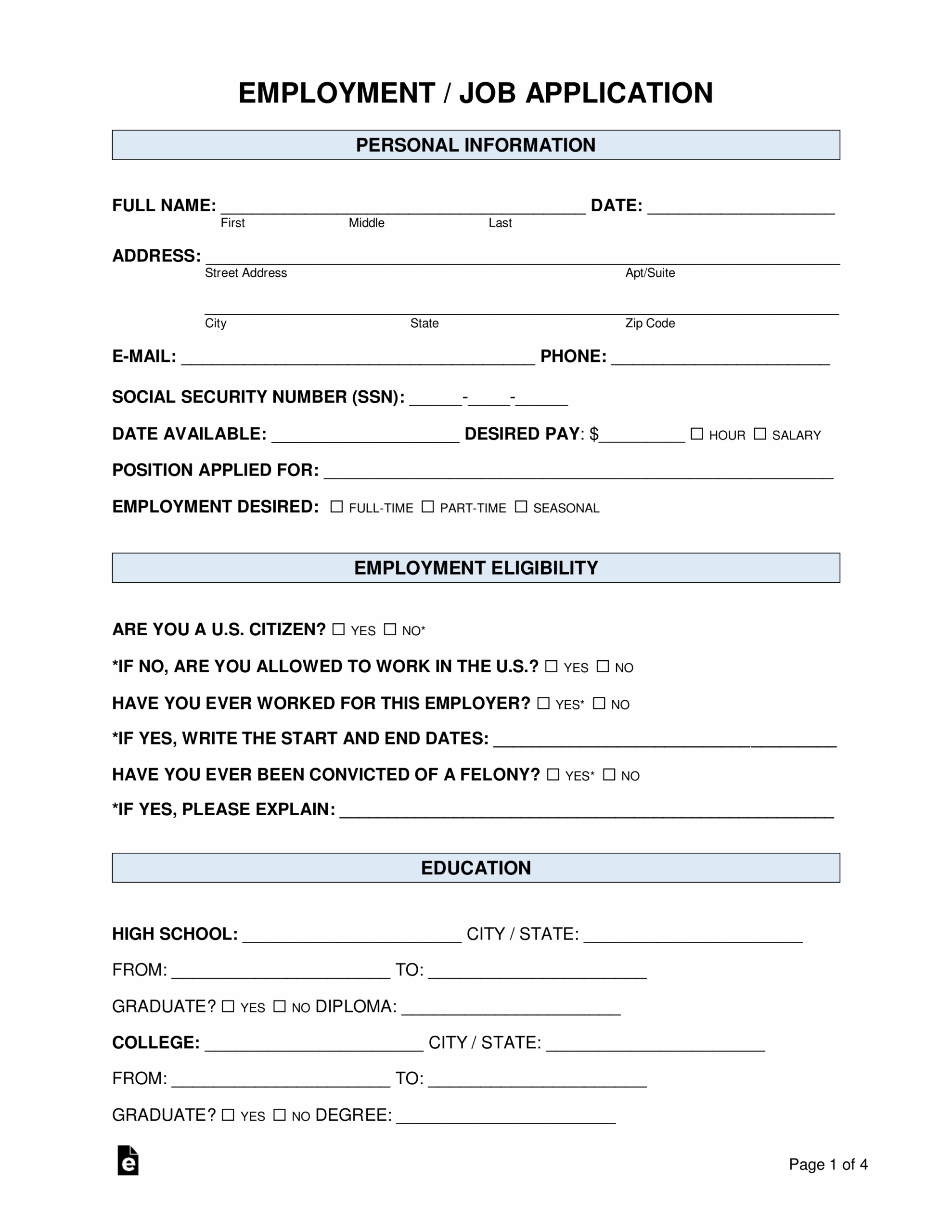 Free Printable Job Application Form Pdf