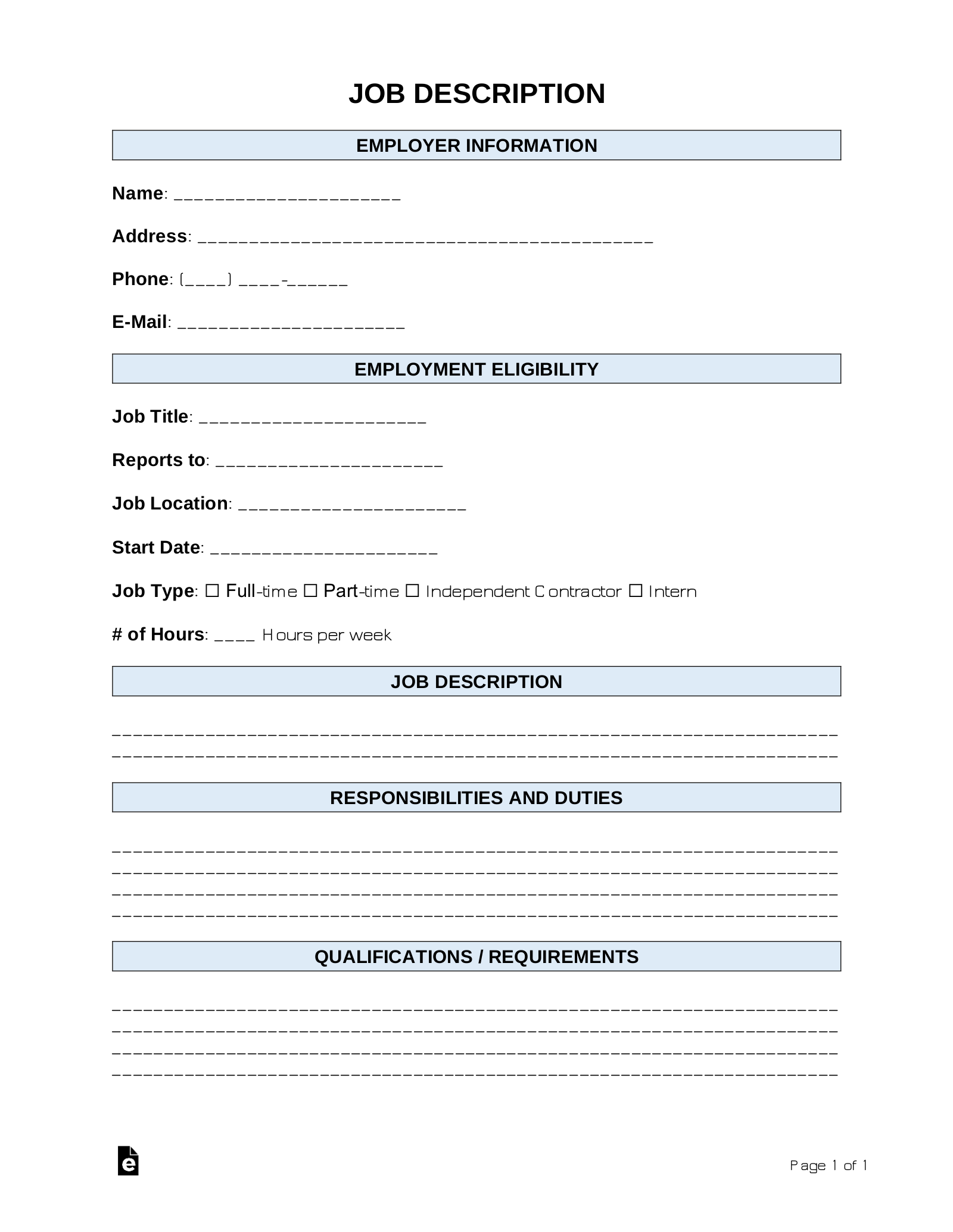 Free Printable Job Description Template
