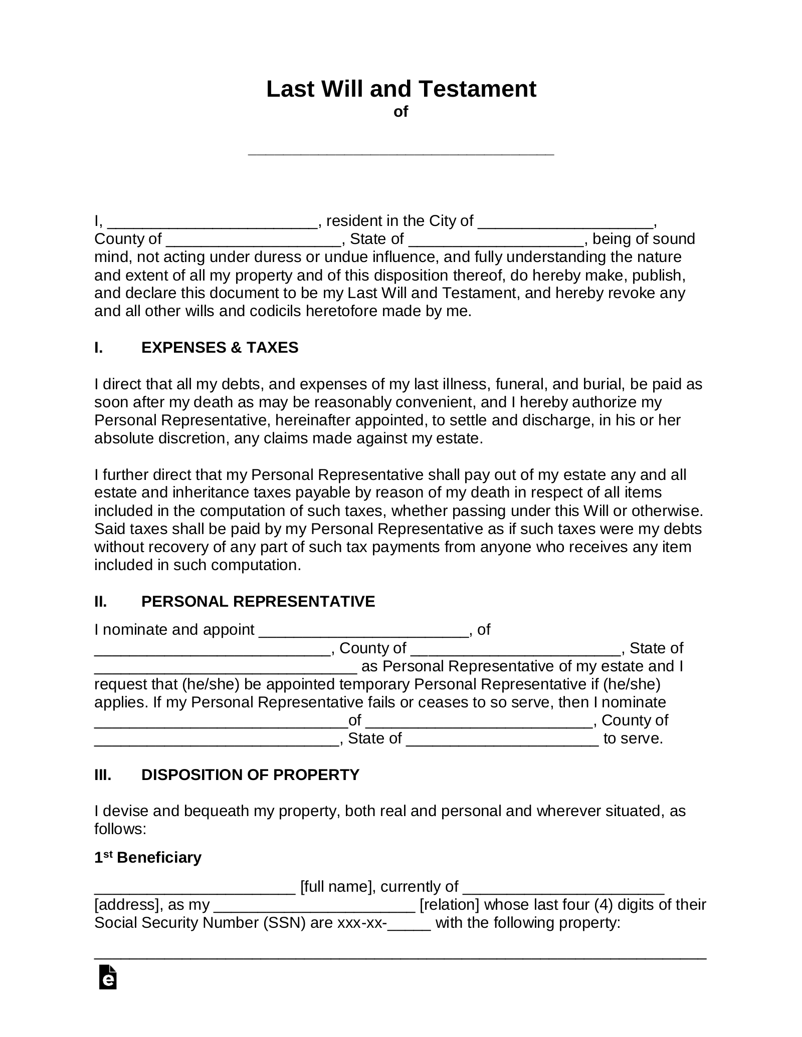 Free Printable Will Template Pdf