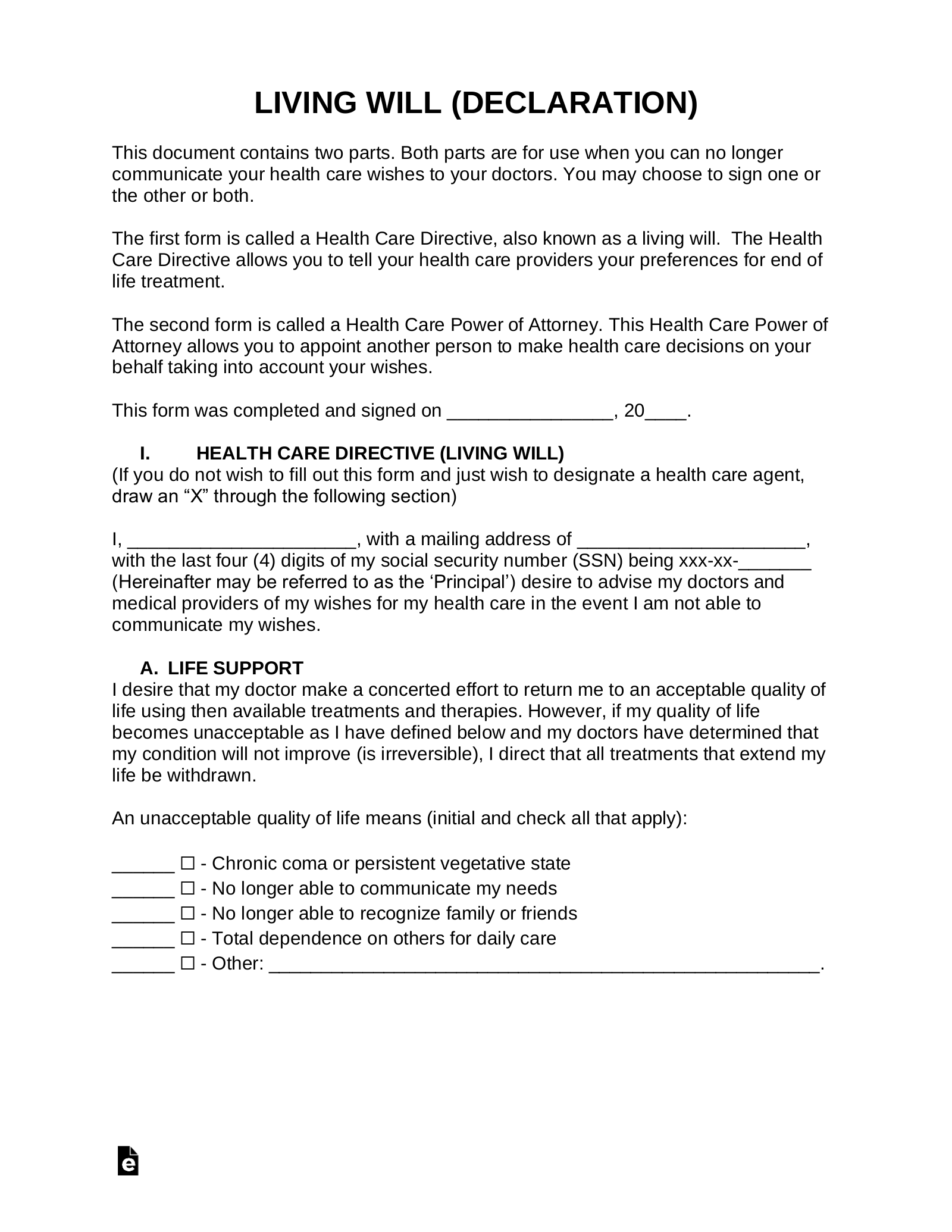 Free Blank Printable Living Will Forms