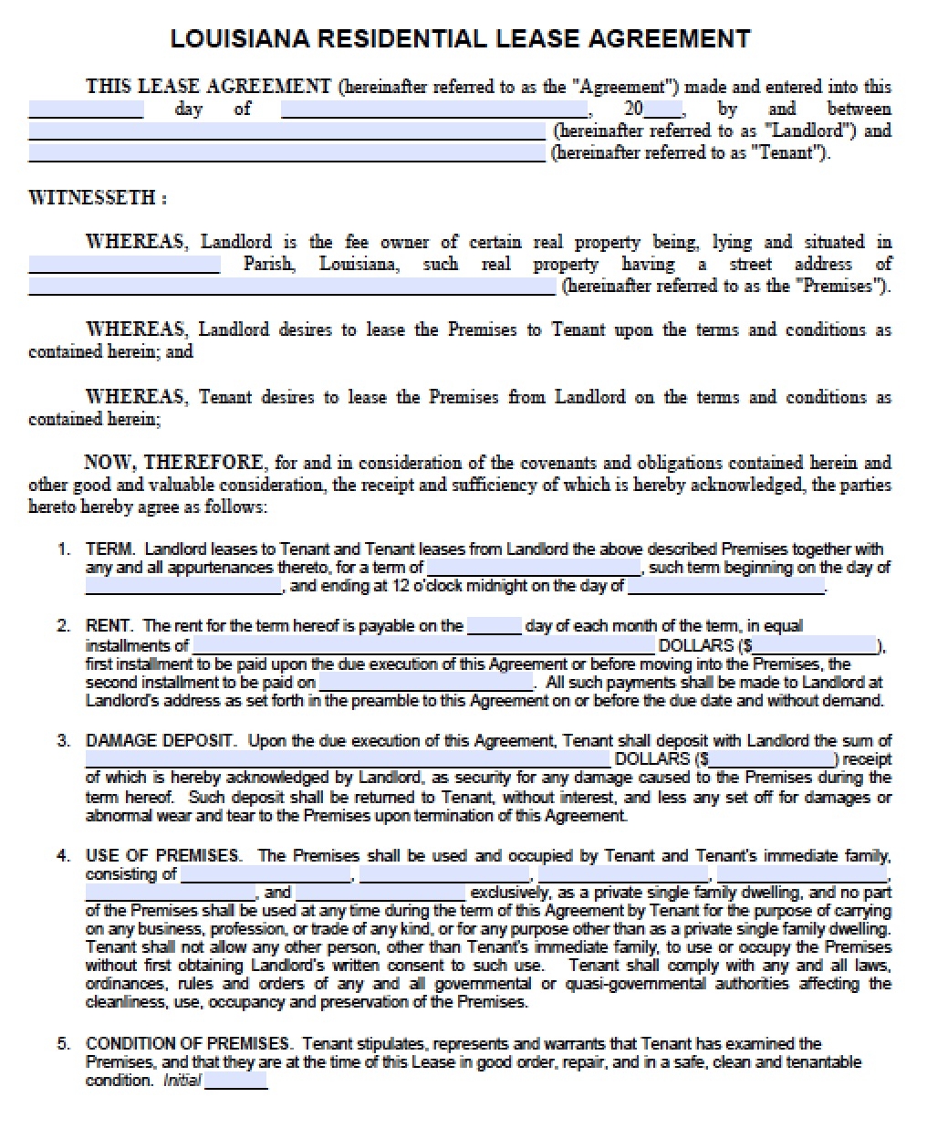 Free Louisiana Rental Lease Agreement Templates PDF Word