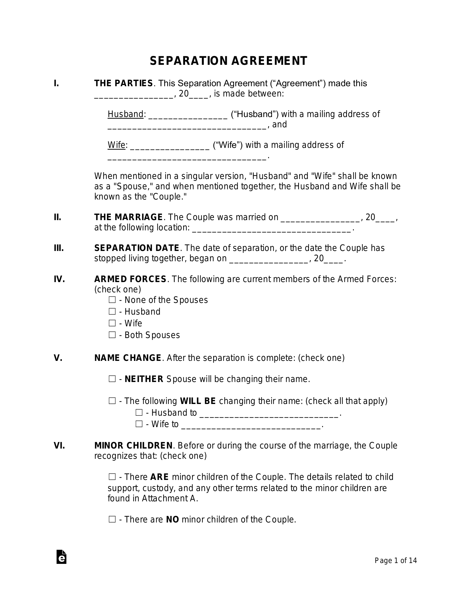 Free Printable Separation Agreement Template Word