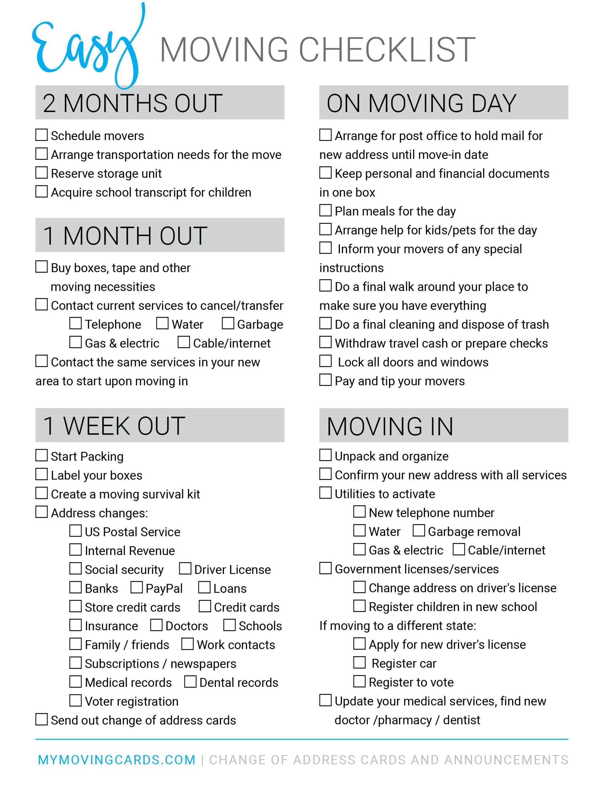 Free Printable Moving Checklist