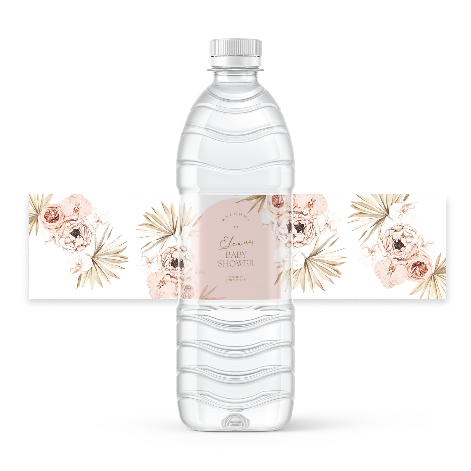 Free Pink Boho Floral Baby Shower Design For 8x2 Inch Water Bottle Labels For Canva Dashleigh Template Center