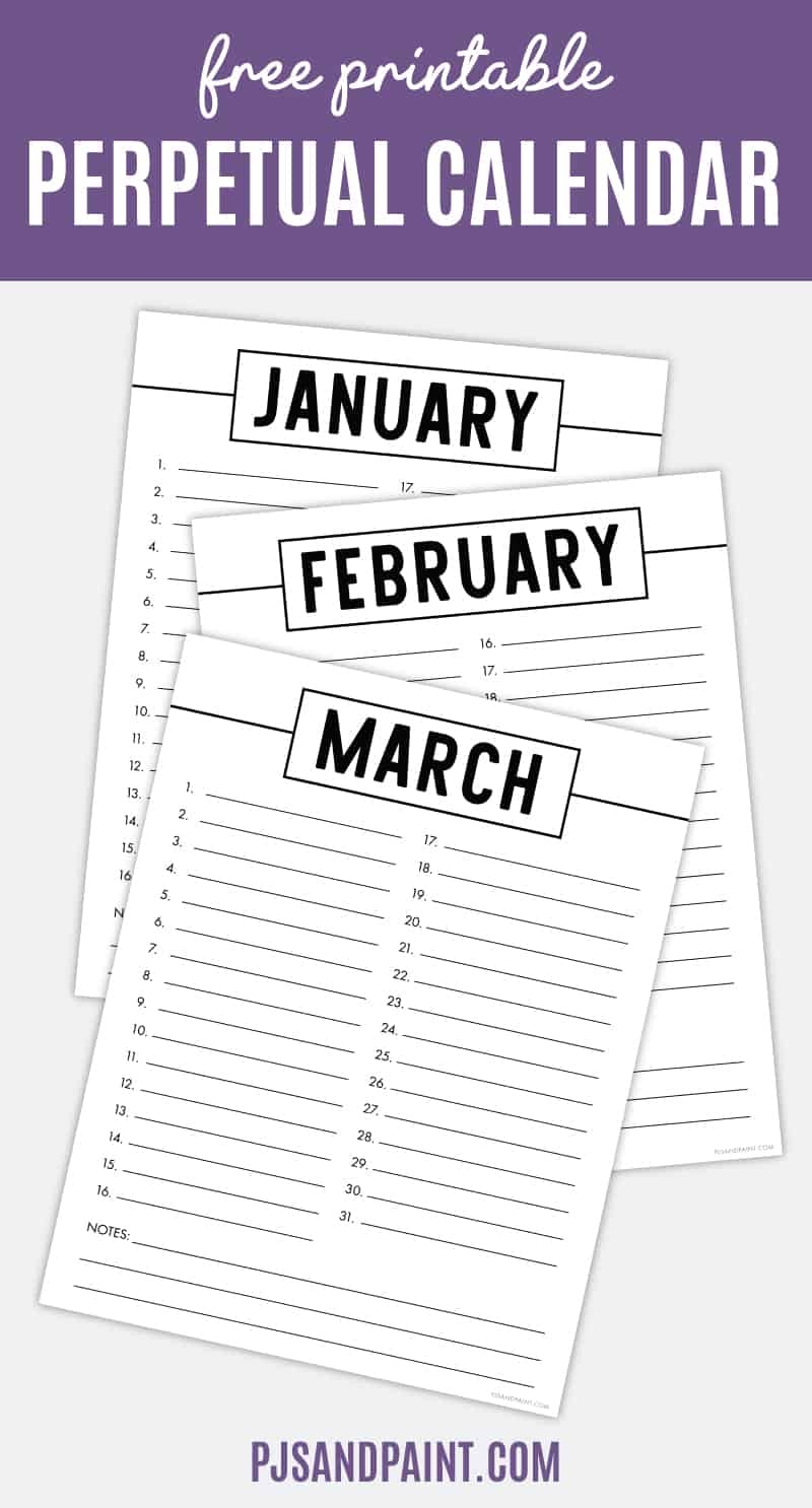 Free Printable Perpetual Calendar Template