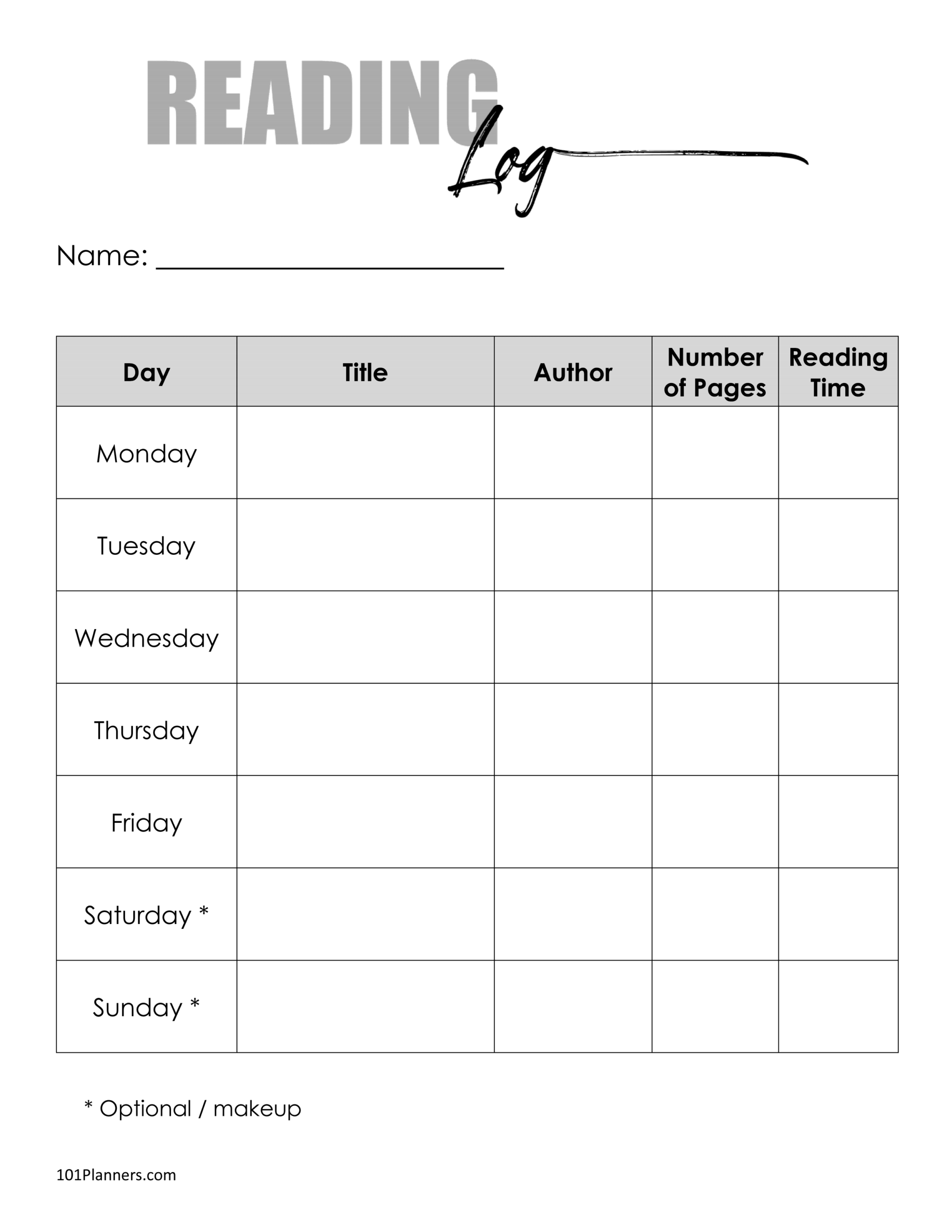 Reading Log Printable Free