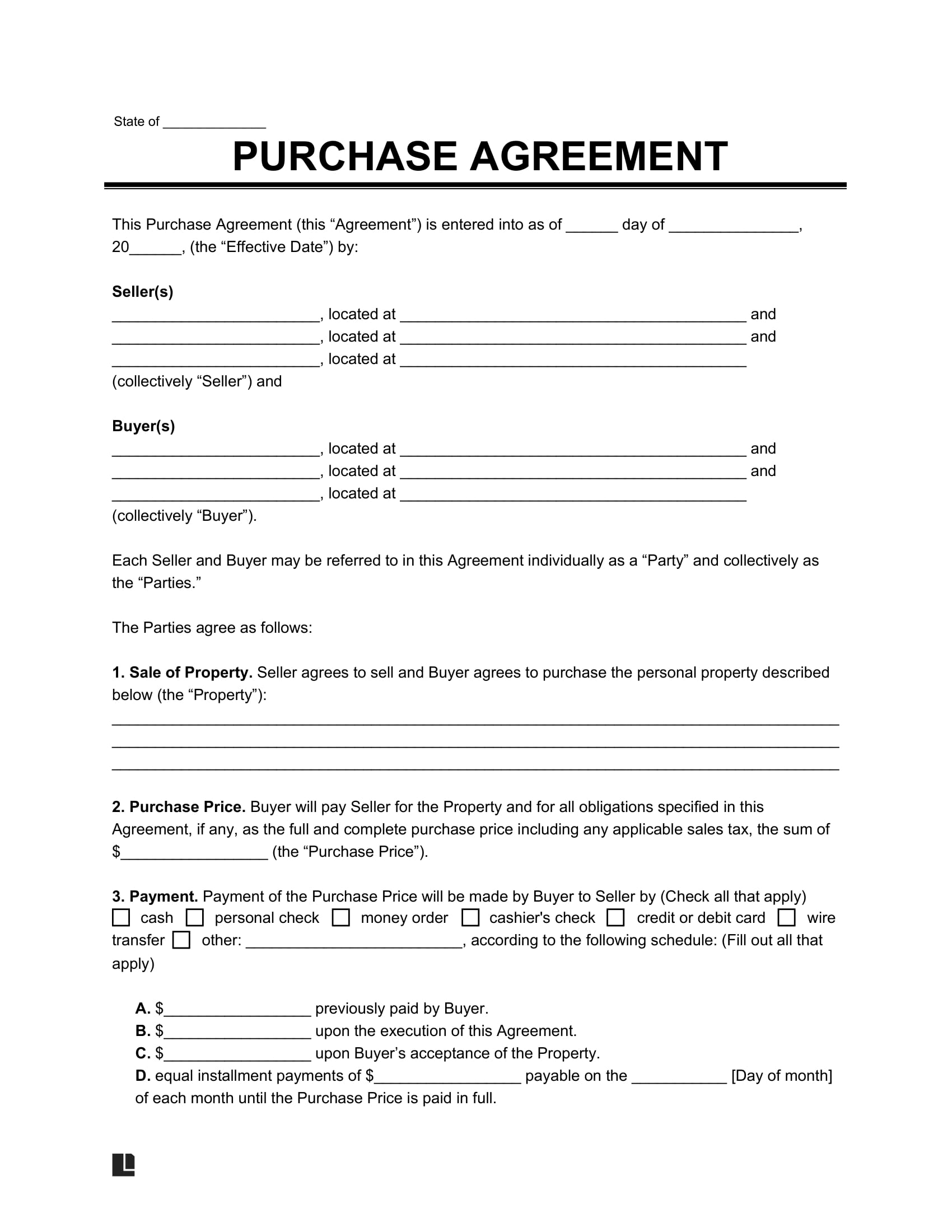 Free Blank Printable Purchase Agreement
