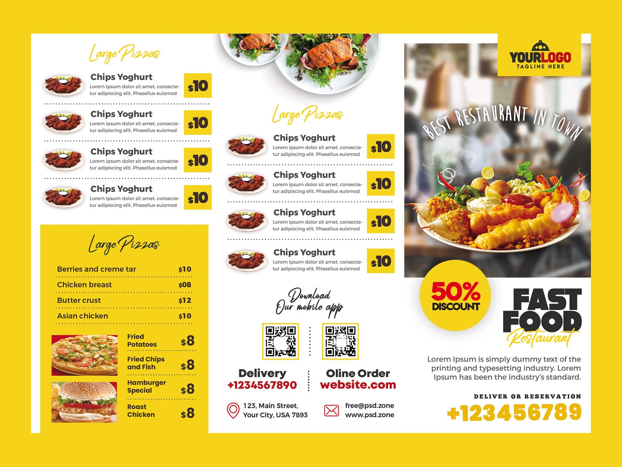 Free Restaurant Menu Trifold Brochure Template PSD 