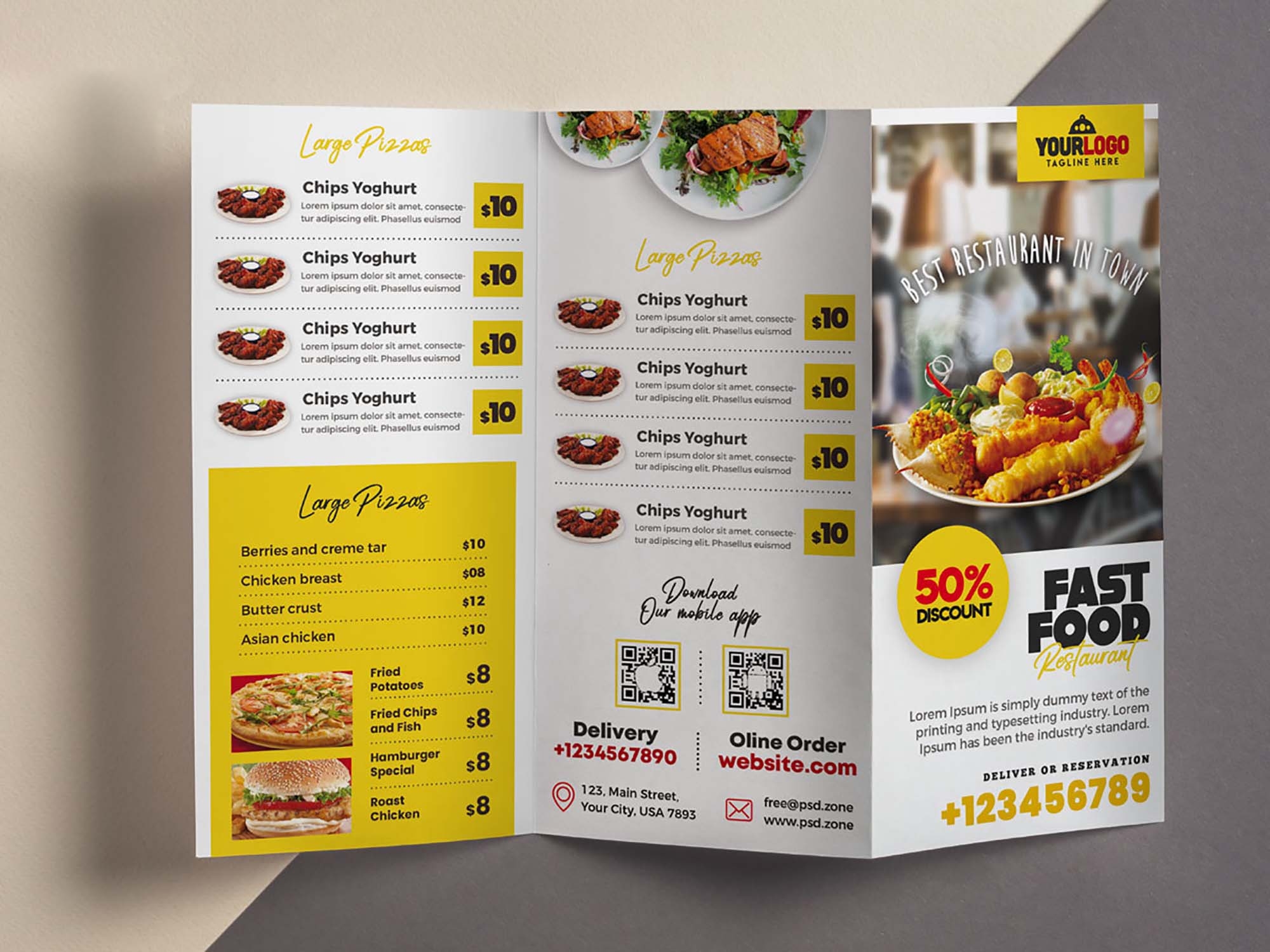 Free Restaurant Menu Trifold Brochure Template PSD 