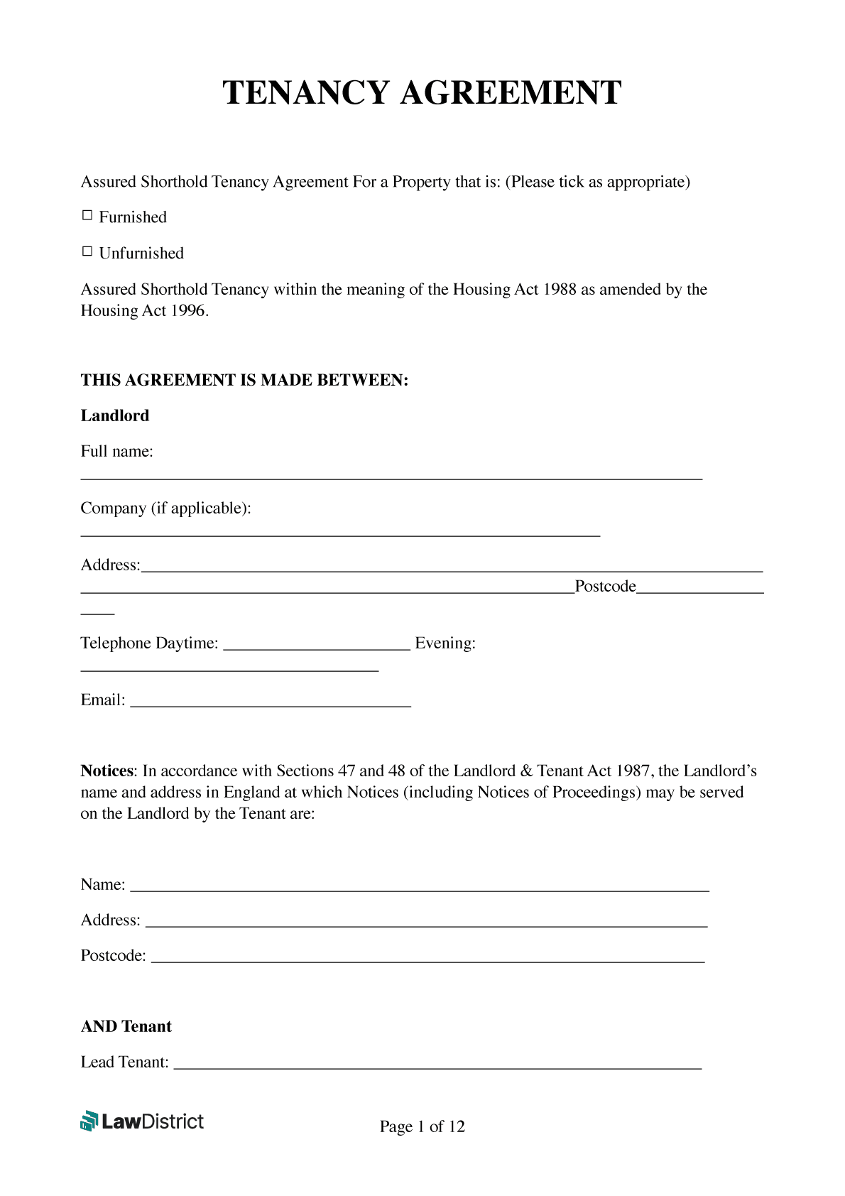 Free Printable Tenancy Agreement Template Uk