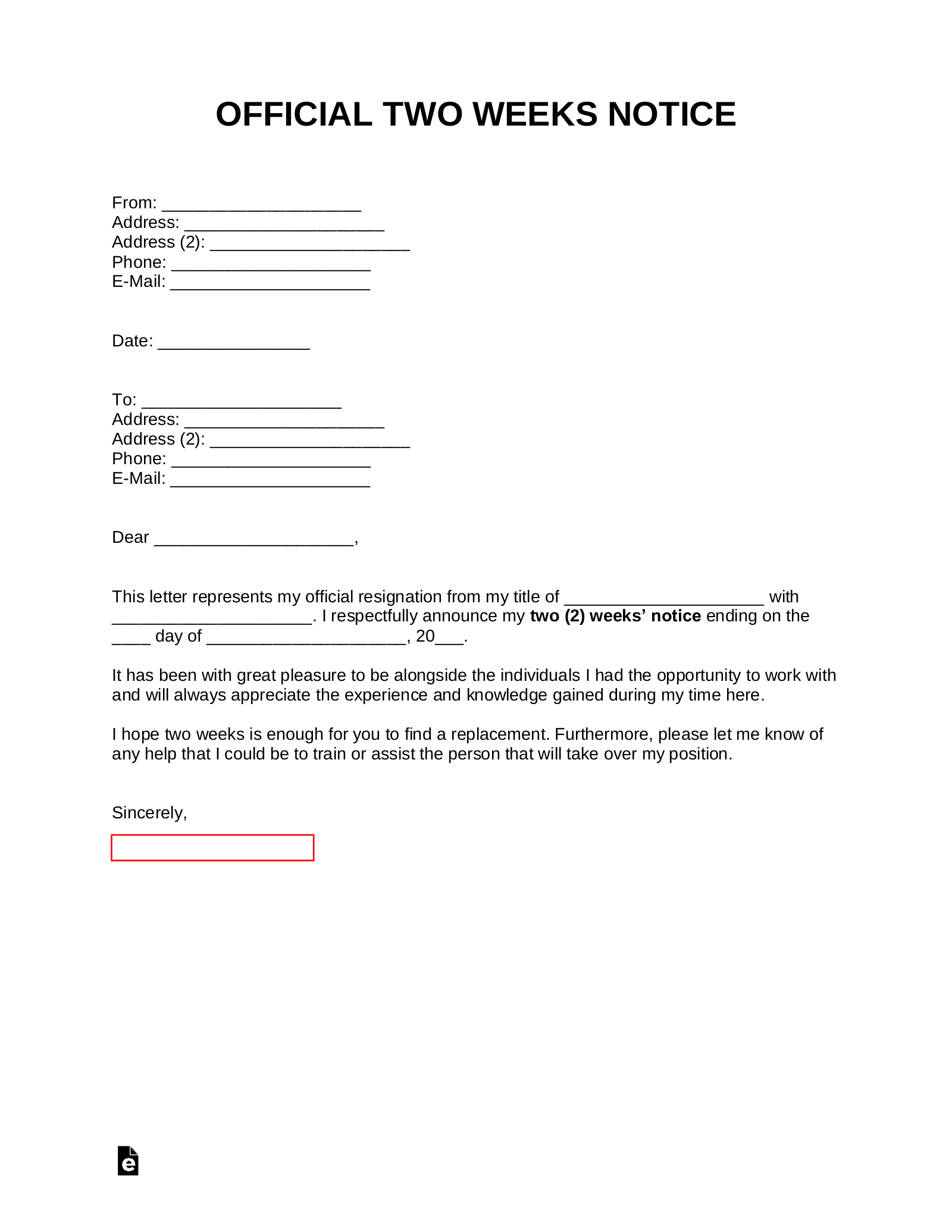 2 Week Notice Template Free Printable