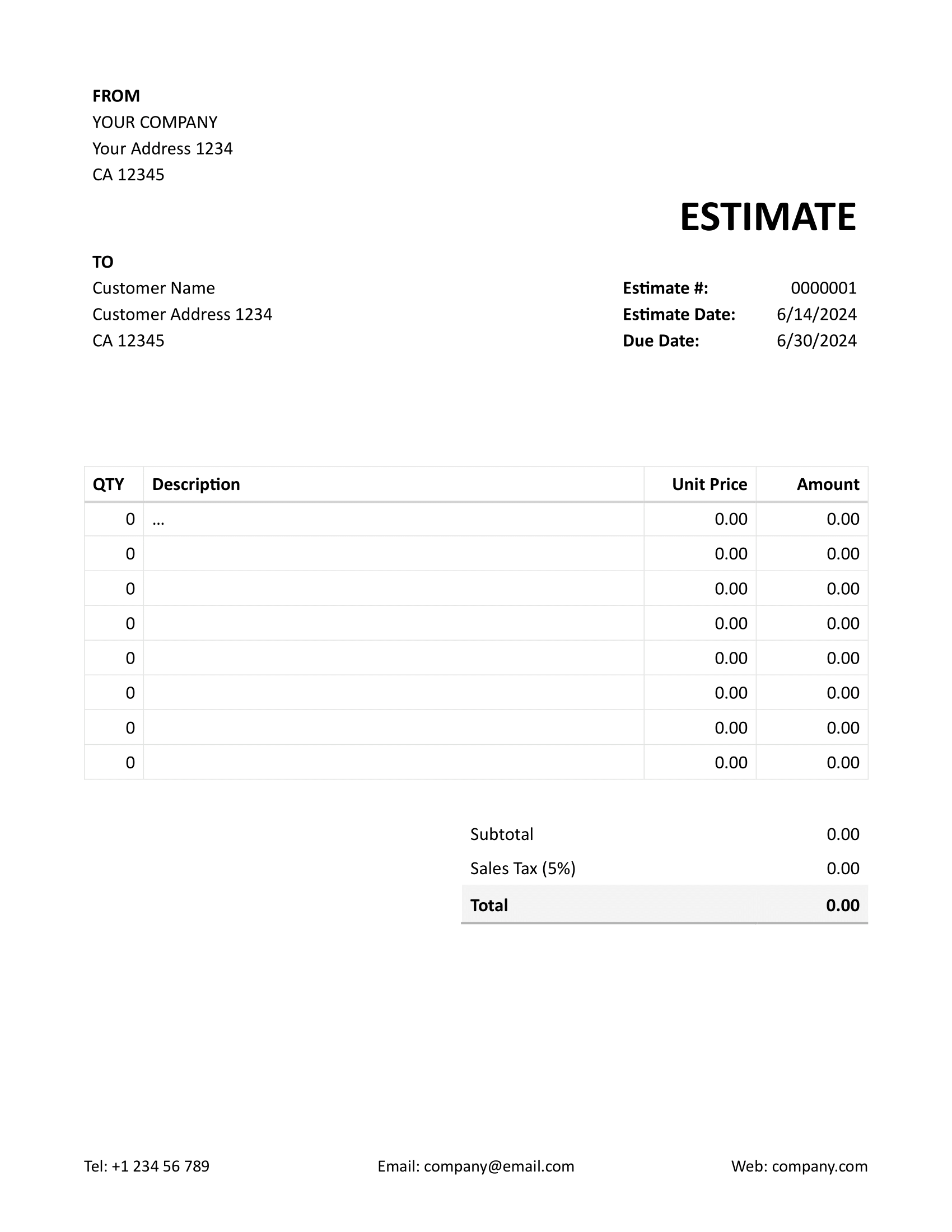 Document Template Free Printable Estimate Forms