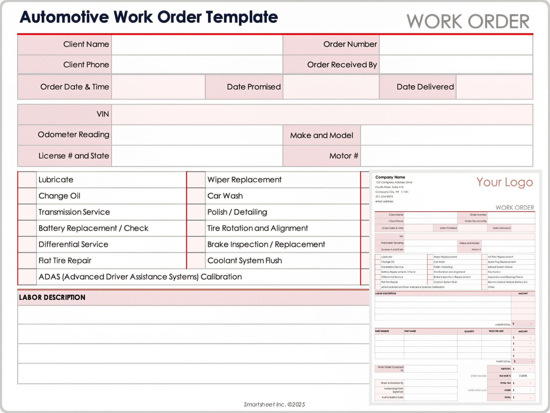 Free Printable Automotive Work Order Template