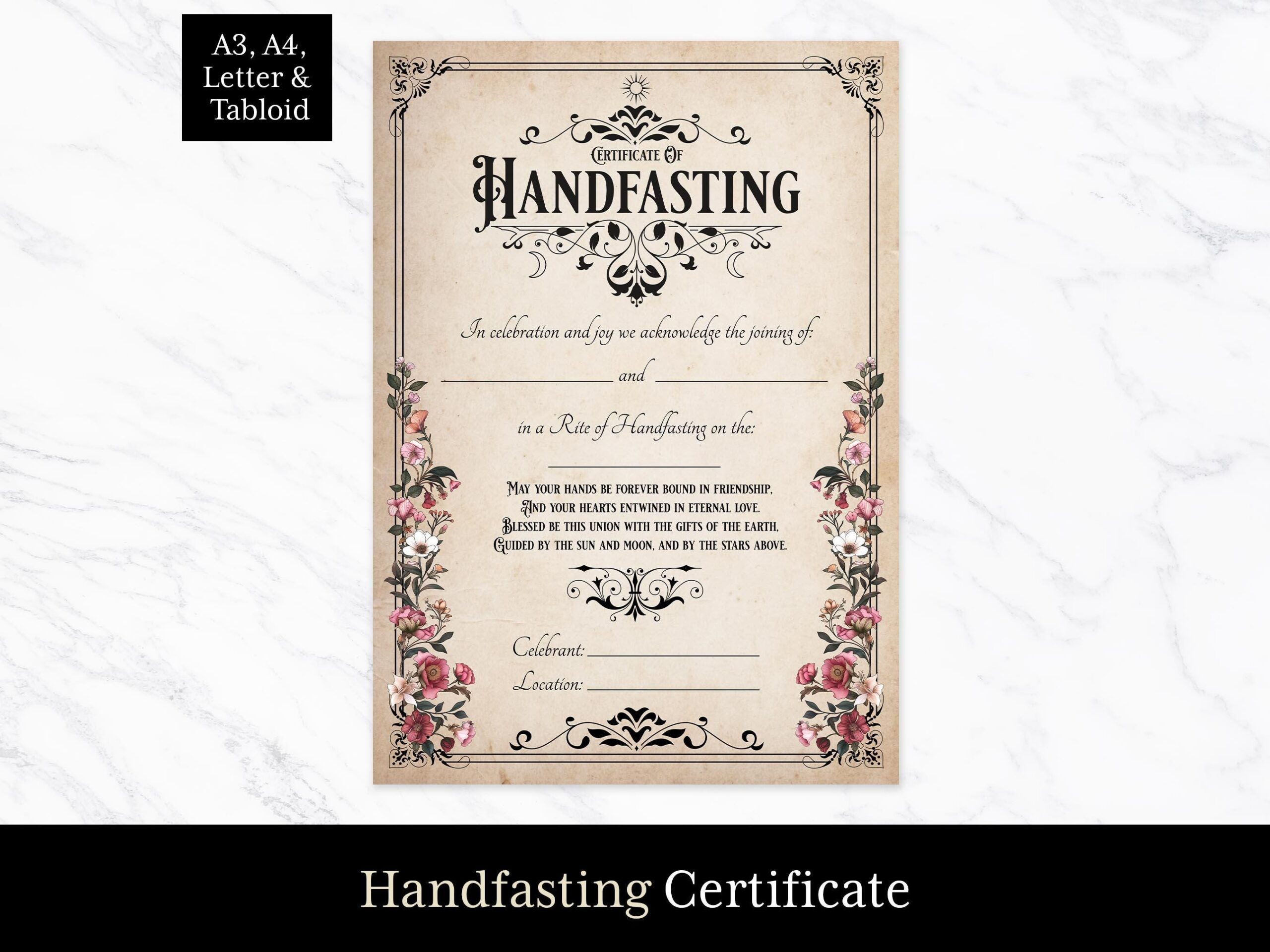 Handfasting Certificate Pagan Wedding Certificate Printable Wiccan Handfasting Rite Template Witch Gift In A3 A4 US Letter U0026 Tabloid Sizes Etsy