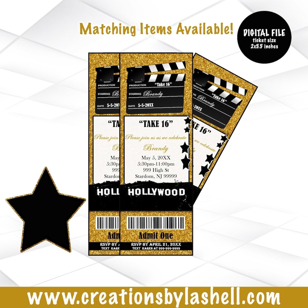 Hollywood Ticket Invites Hollywood Theme Ticket Invitation Template Ticket Invitations Digital File Hollywood Party Invitation B6 Etsy