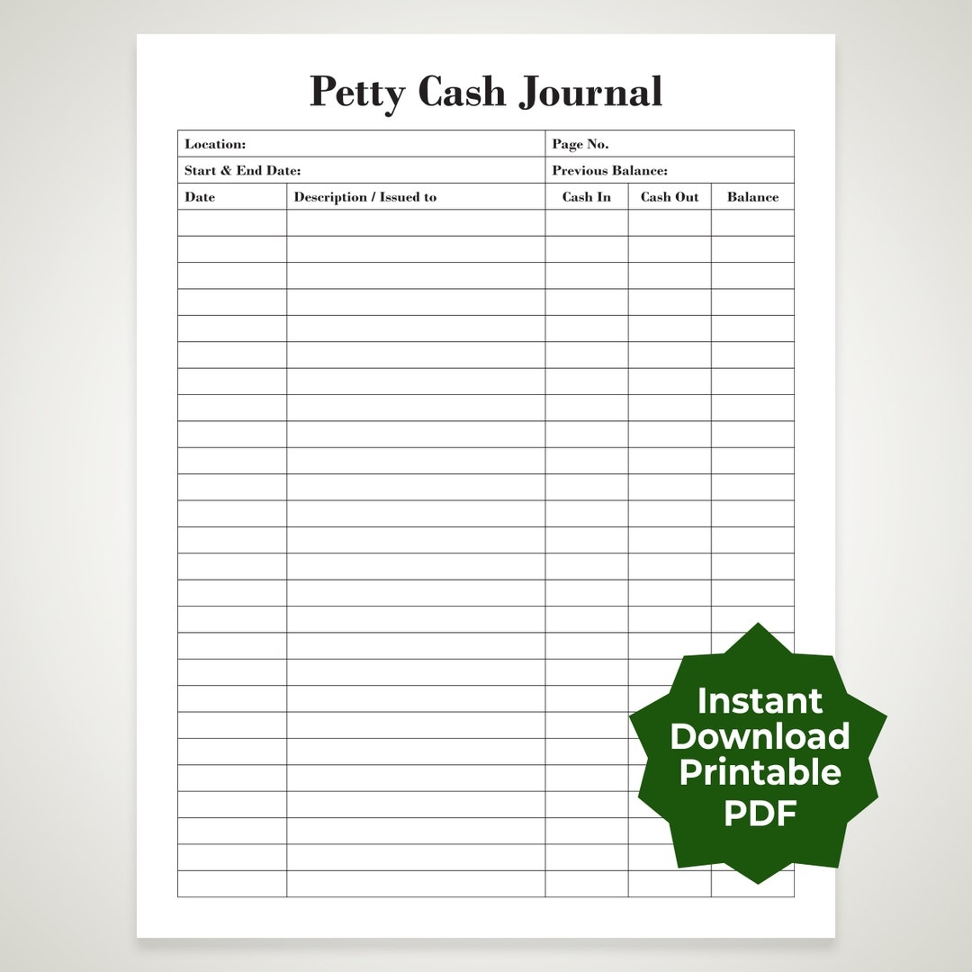 Instant Download Printable Petty Cash Journal 2 Templates A4 U0026 US Letter PDF Etsy
