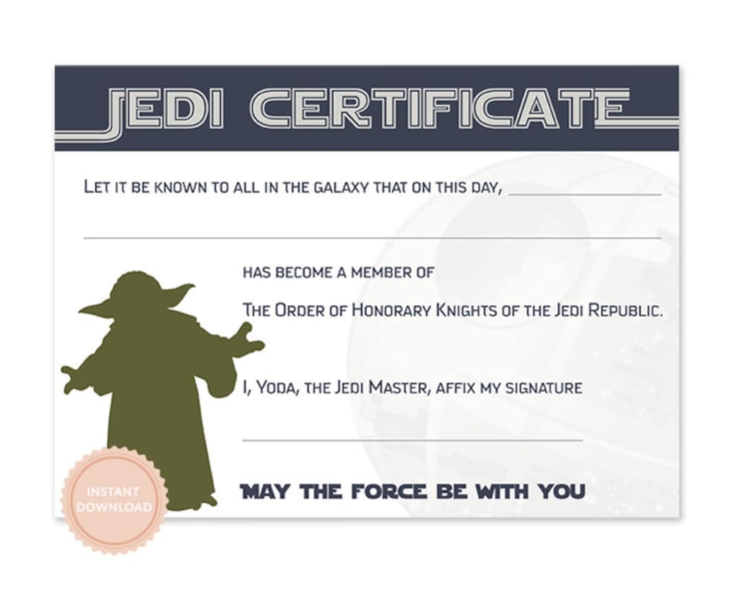 INSTANT DOWNLOAD Star Wars Jedi Certificate yoda Star Wars Birthday Jedi Award Cerificate Etsy