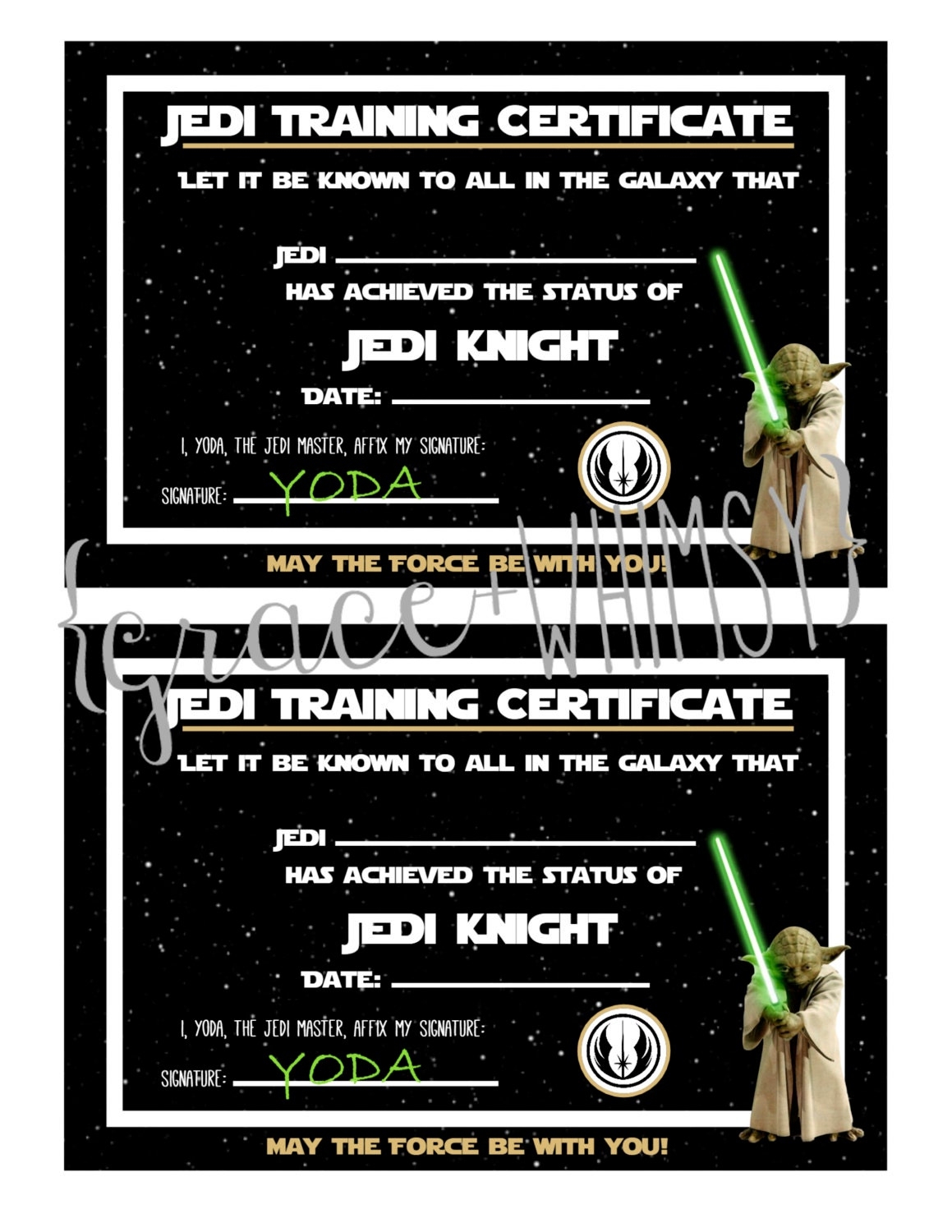 Jedi Training Certificate For Star Wars Party Digital Printable File 