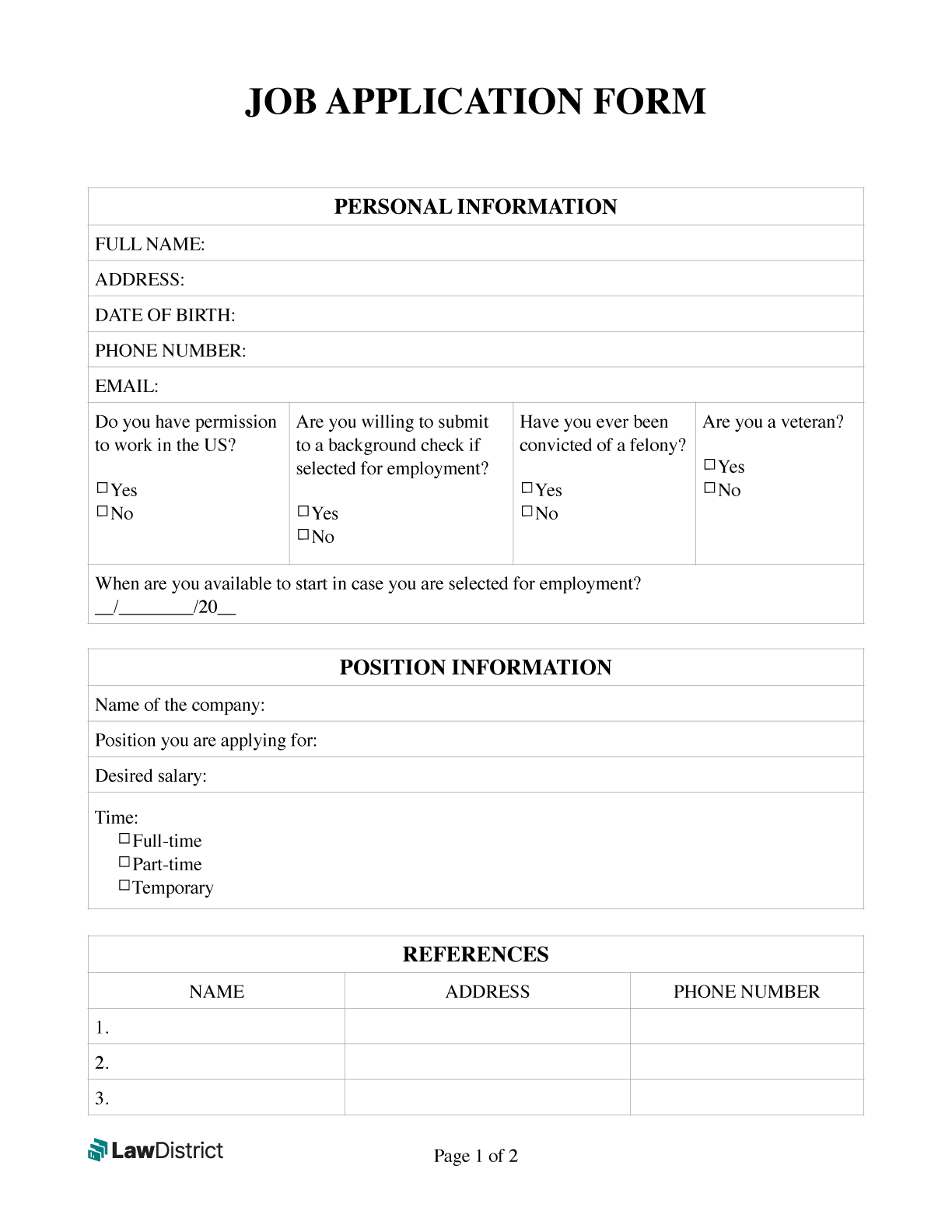 Job Application Form Free Printable