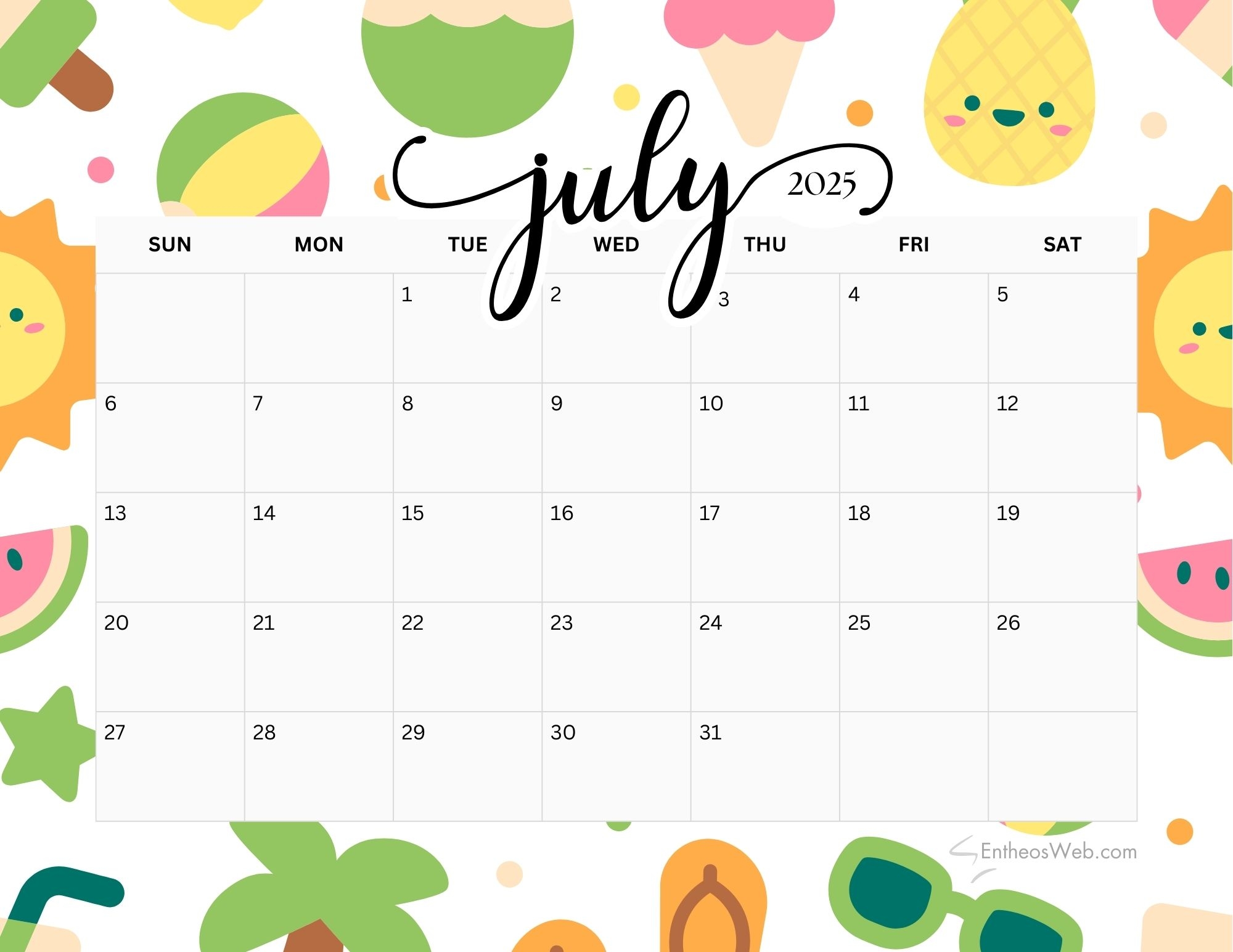 Free Printable Cute Blank July Calendar