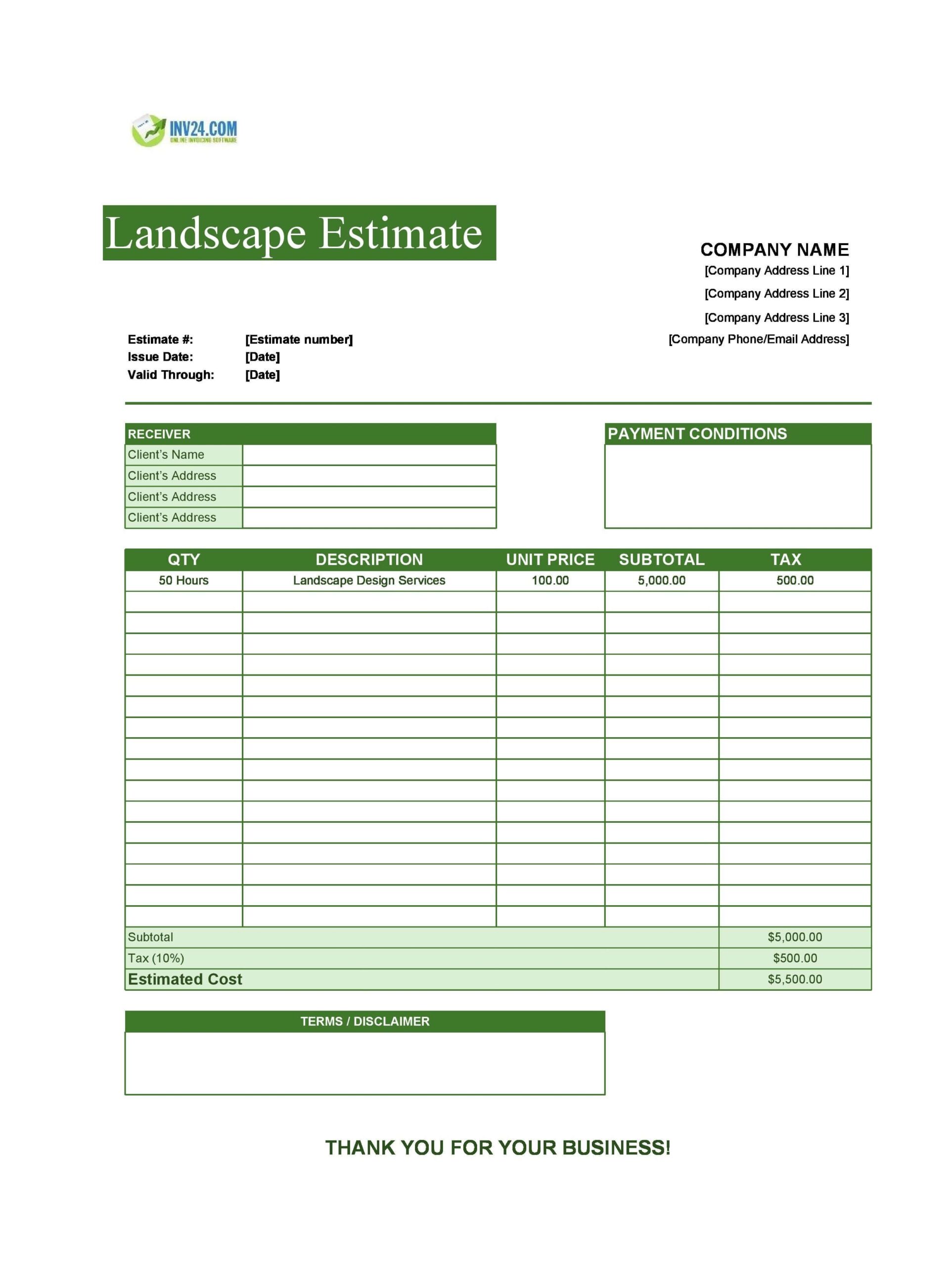 Printable Landscaping Estimate Template Free
