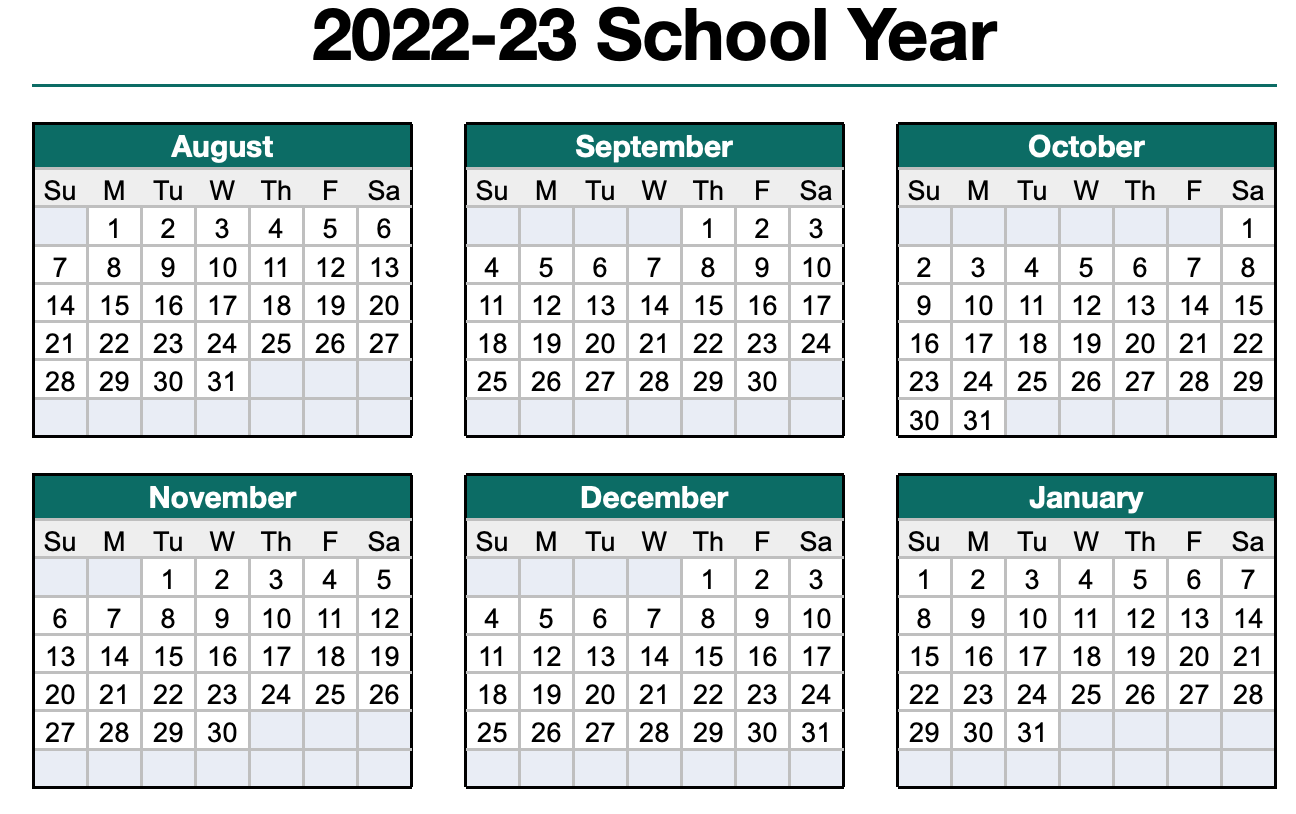 Modern Teal 2022 2023 Vertical School Yearly Calendar Template Free IWork Templates