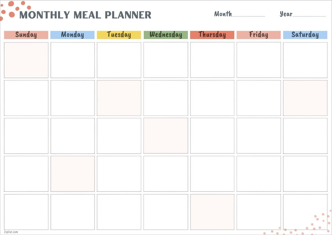 Monthly Menu Template Free Printable