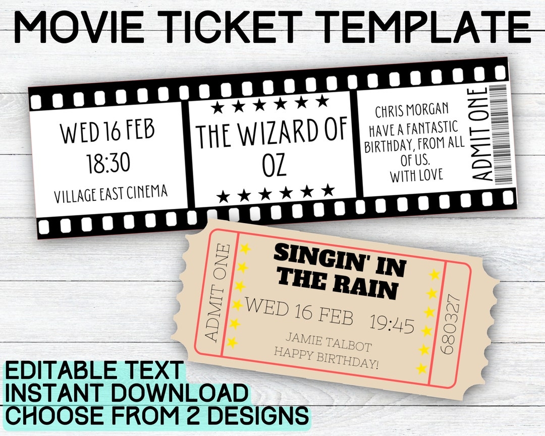 Movie Ticket Template Printable Cinema Gift Ticket Surprise Movie Night Ticket Indoor Cinema Personalized Invite Birthday Gift Etsy