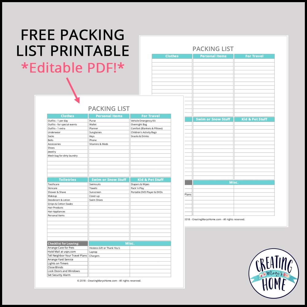 Free Printable Blank Packing List