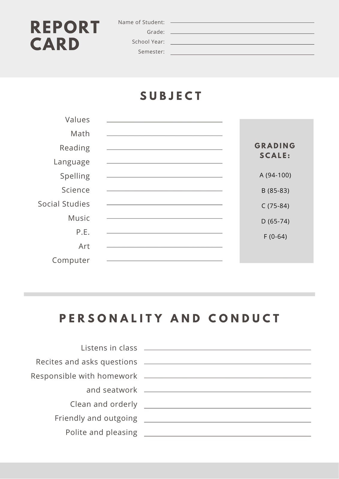 Free Printable Report Cards Templates