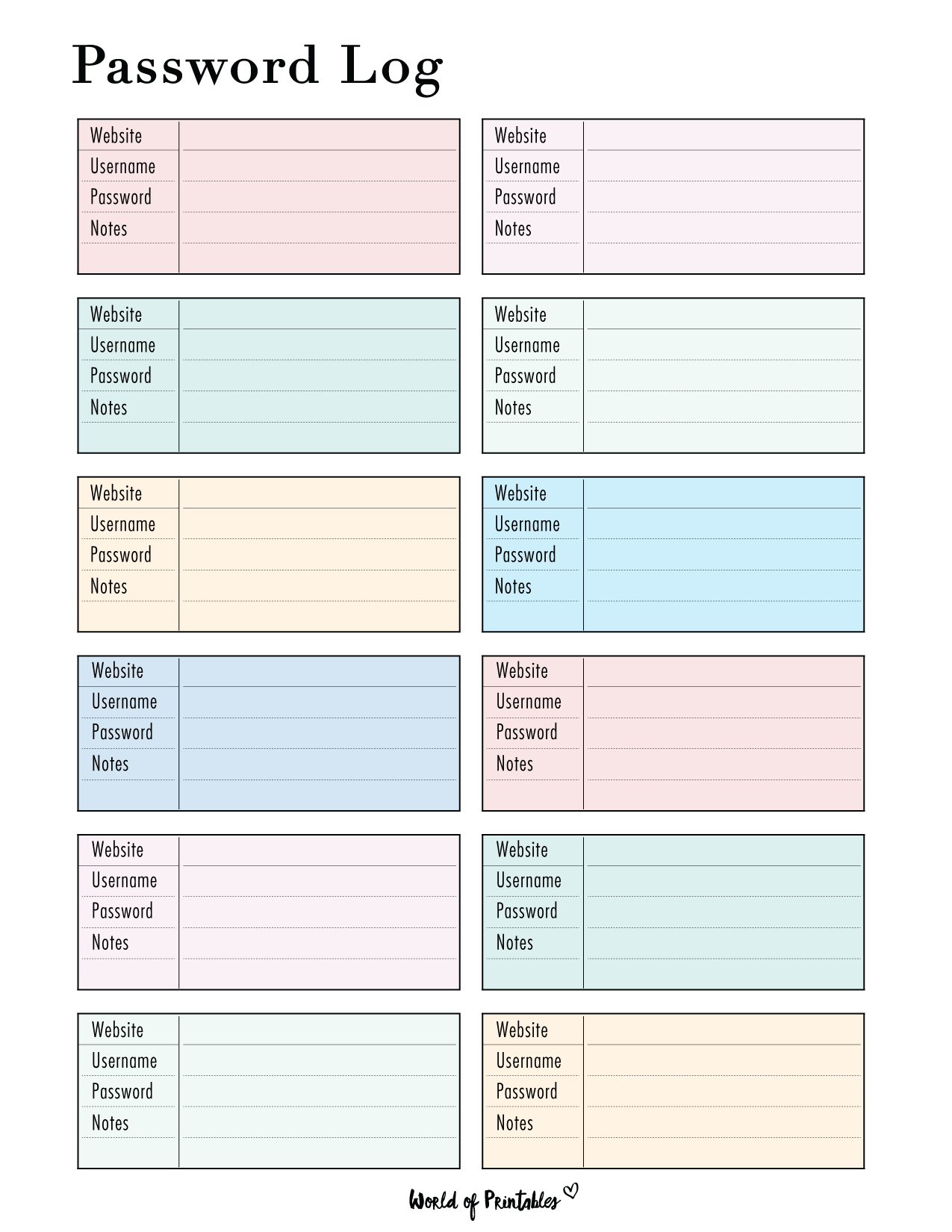 Password List Template Free Printable