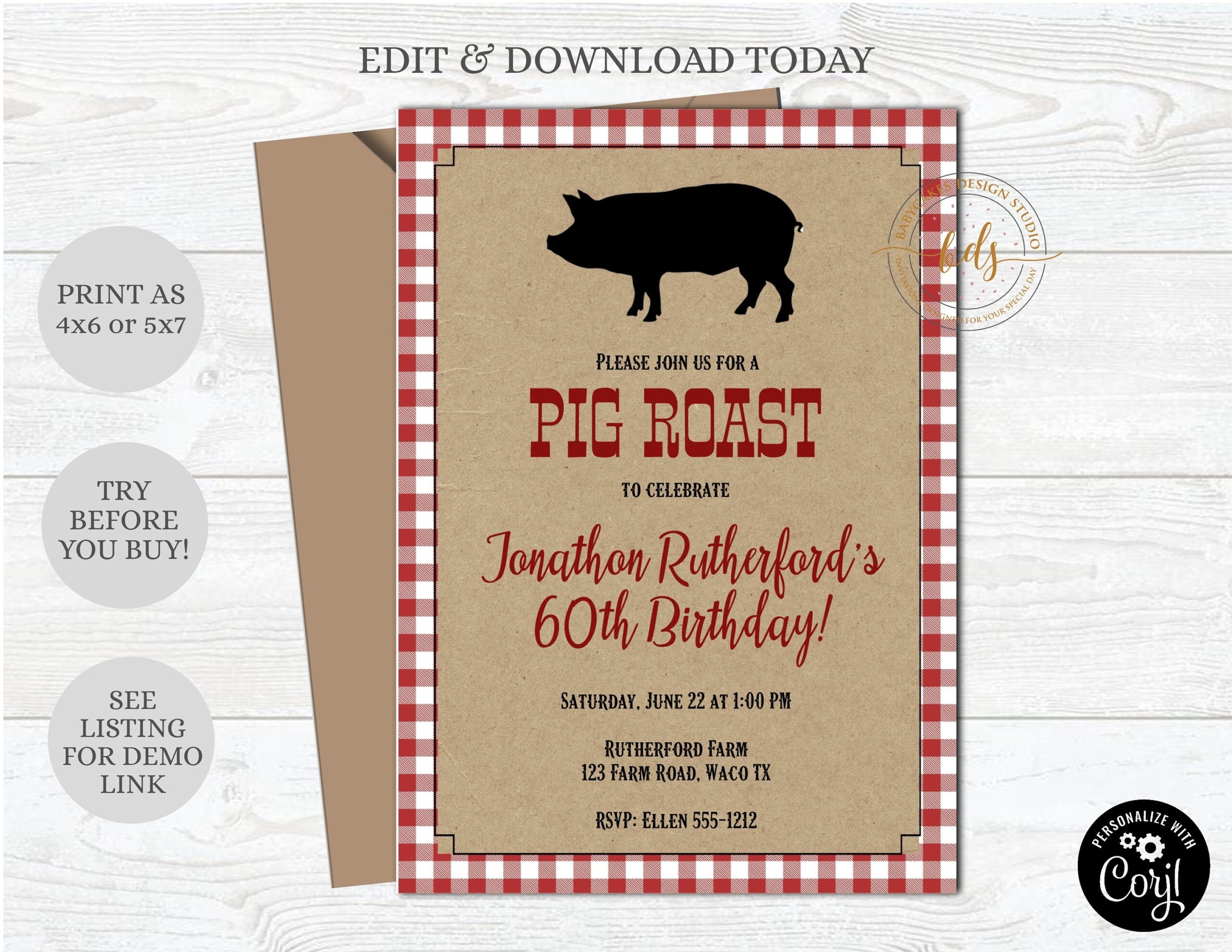 Pig Roast BBQ Birthday Party Invitation Invite Printable Digital Editable Etsy UK