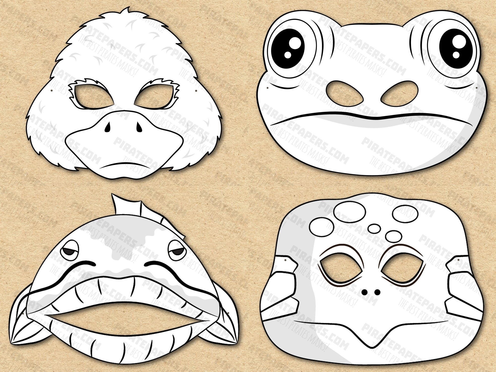 Pond Animals Masks Printable Coloring Catfish Frog Turtle Duck Paper DIY Kids Adults PDF Template Instant Download Halloween Birthdays Etsy