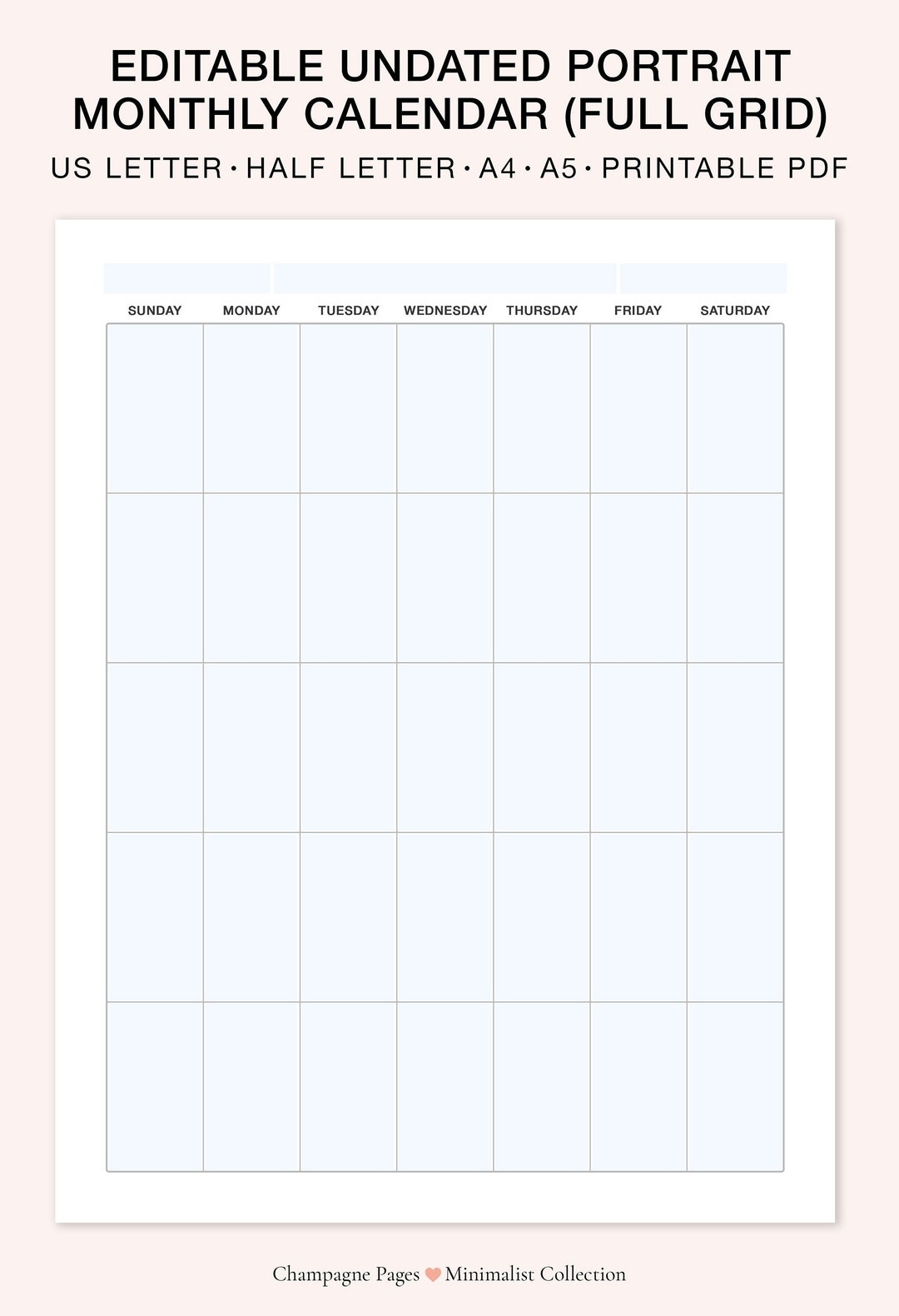 Portrait Editable fillable Monthly Calendar Printable Blank Monthly Calendar Template Undated Vertical Calendar A5 a4 letter half Size Etsy